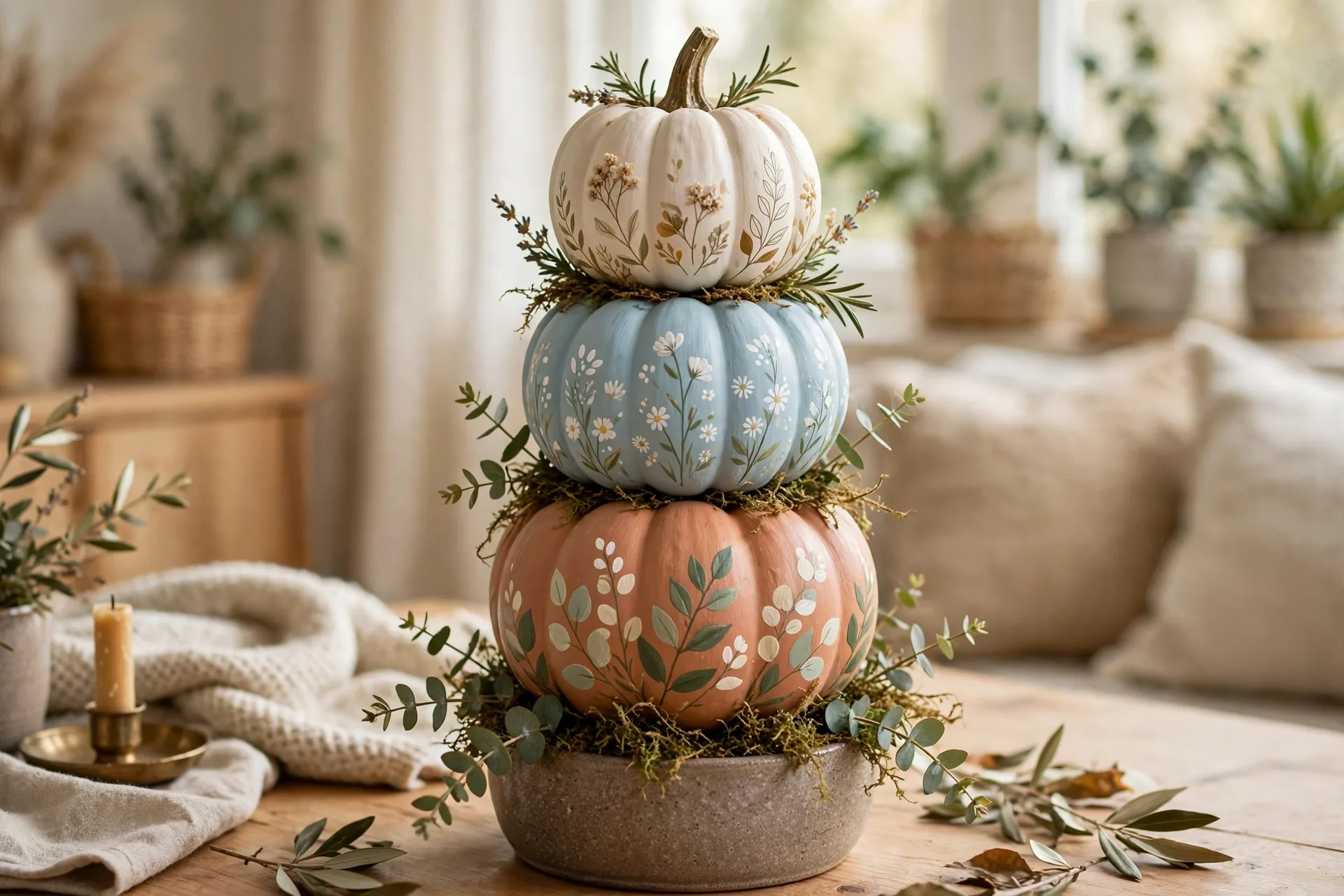 Three painted mini pumpkins stacked into a topiary tower