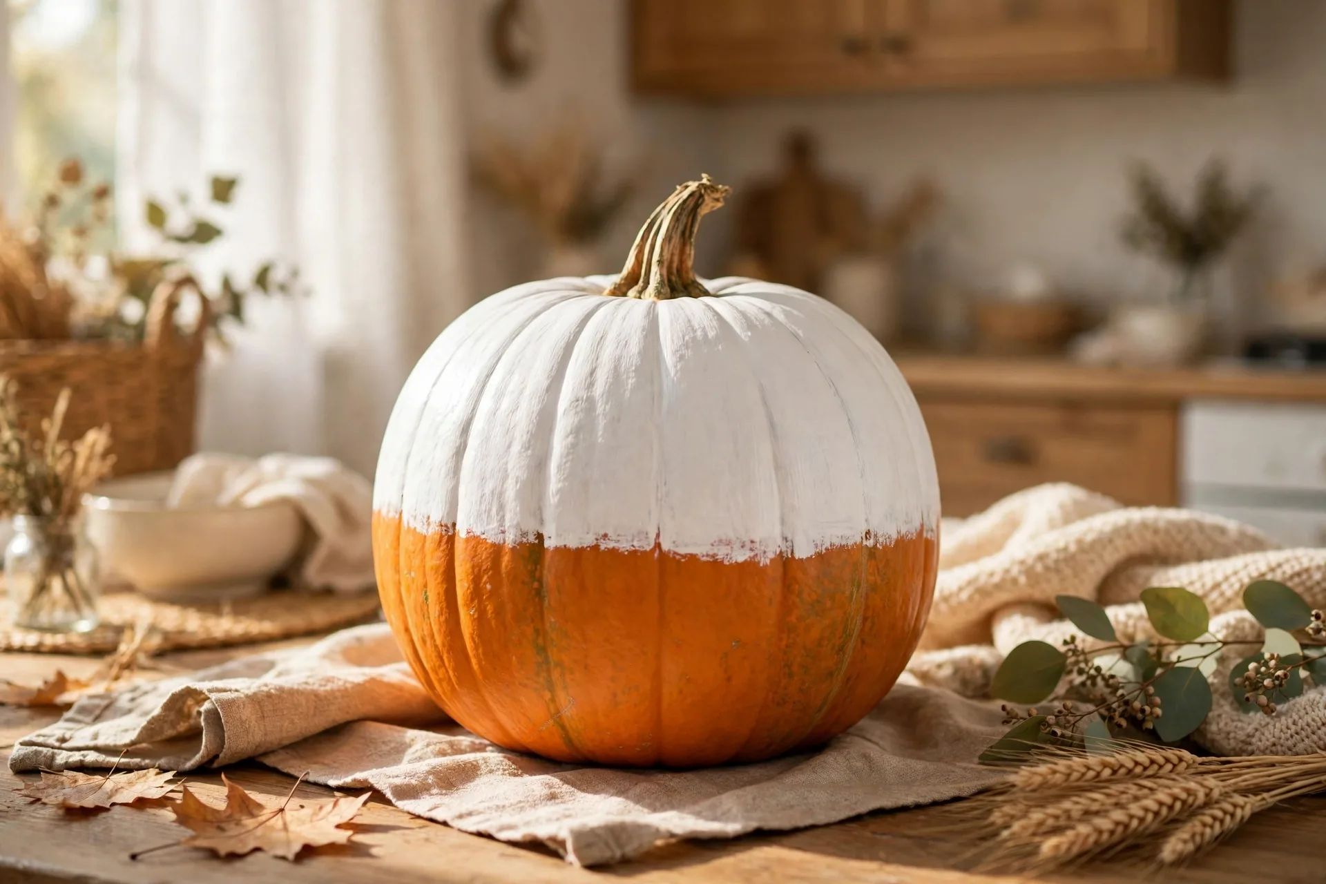 Painted pumpkin dipped halfway in white paint with a clean color line