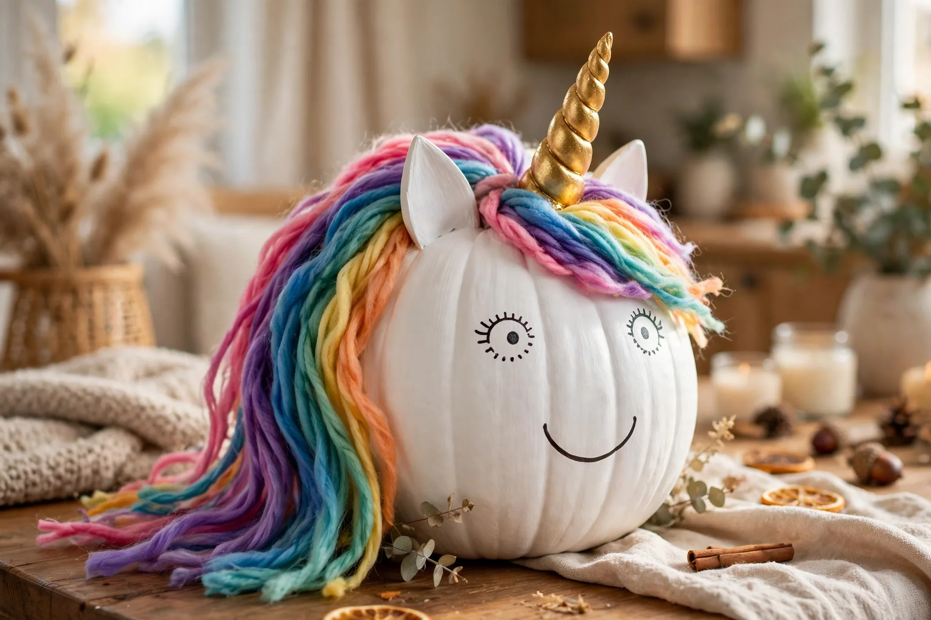 White painted pumpkin as a unicorn with rainbow mane, gold horn and happy eyes