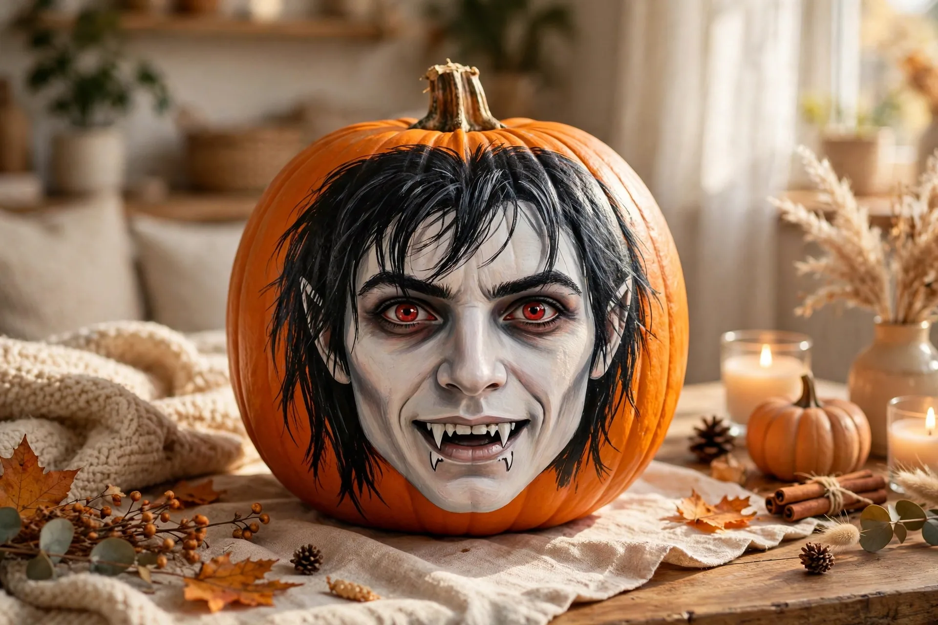 Painted pumpkin with a pale vampire face, black hair, red eyes and white fangs