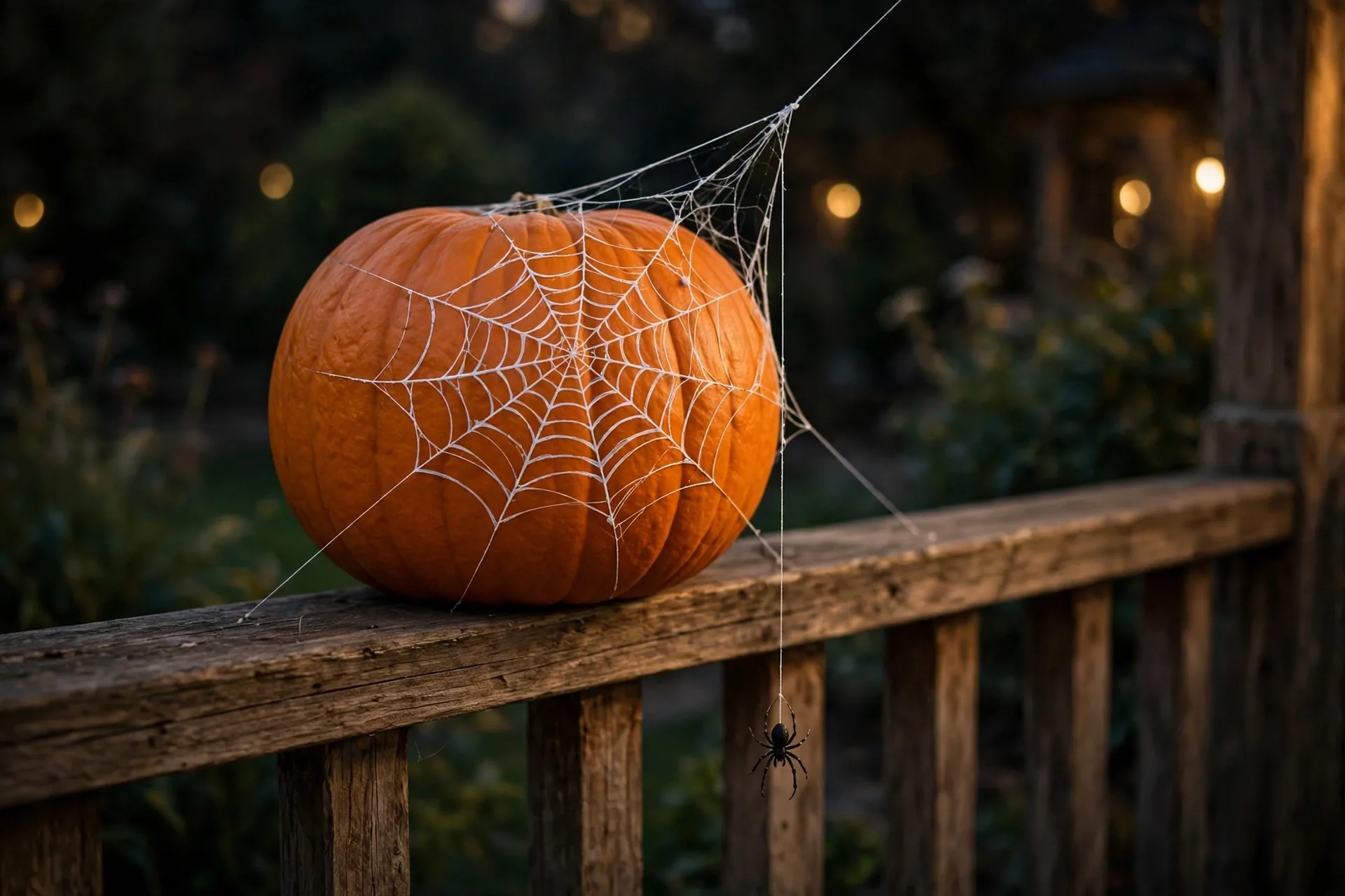 Black pumpkin with a white painted spiderweb and small spider