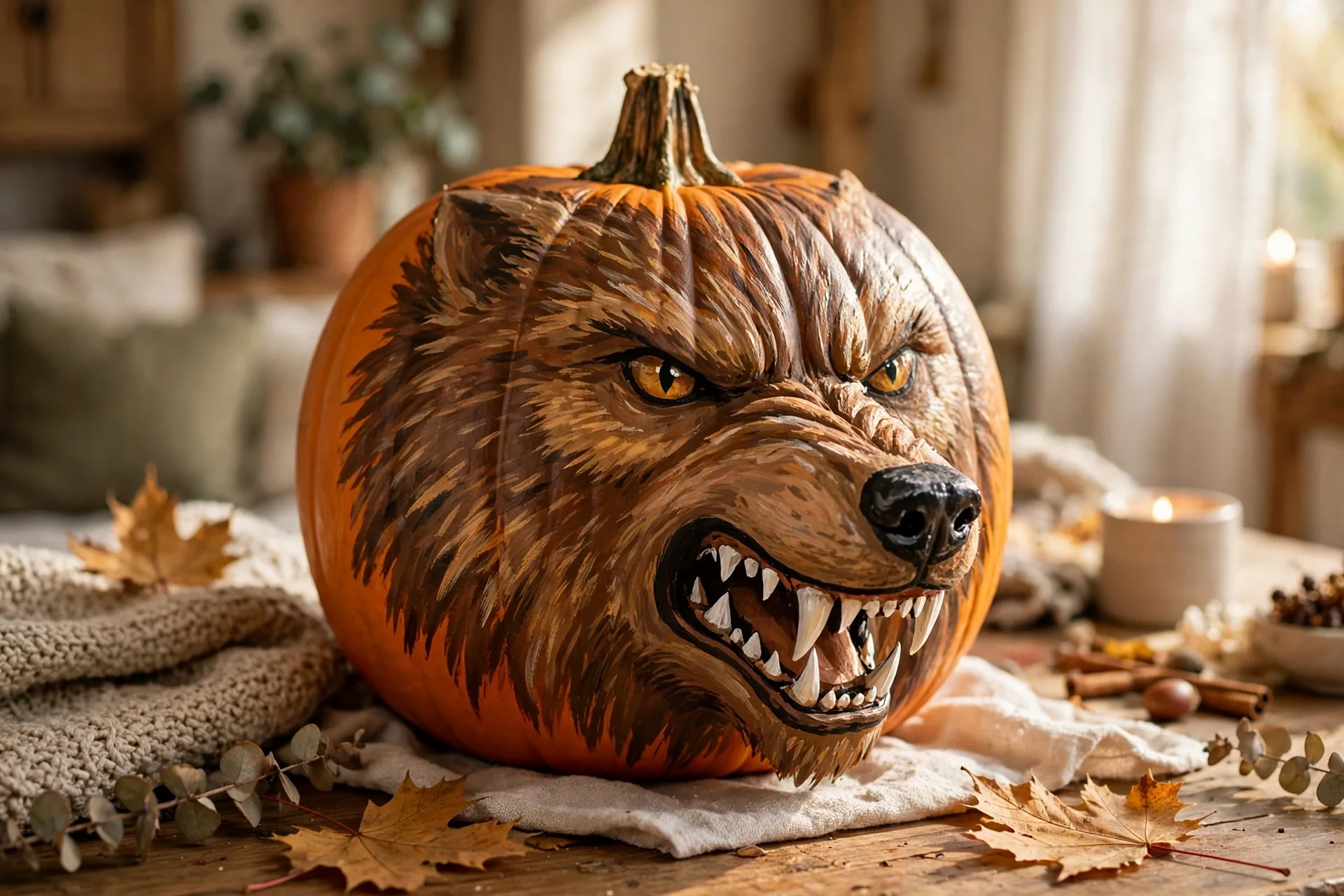 Painted pumpkin as a brown werewolf face with fur strokes, snout and fangs
