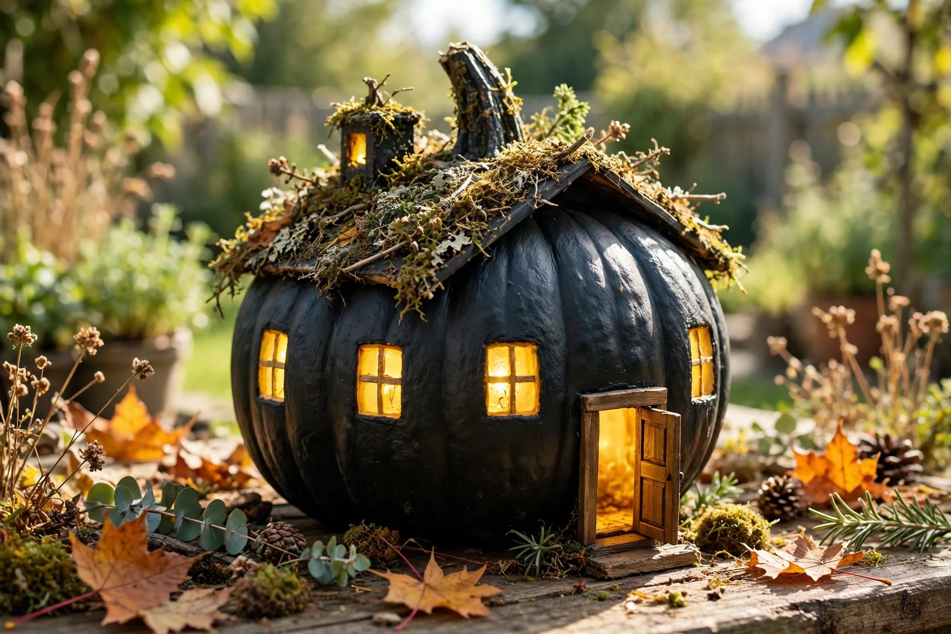 Dark painted pumpkin with glowing yellow windows like a tiny house at night