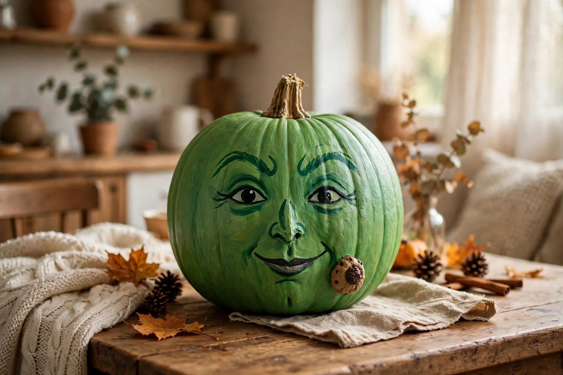 Green witch face painted pumpkin with arched eyebrows and a wart
