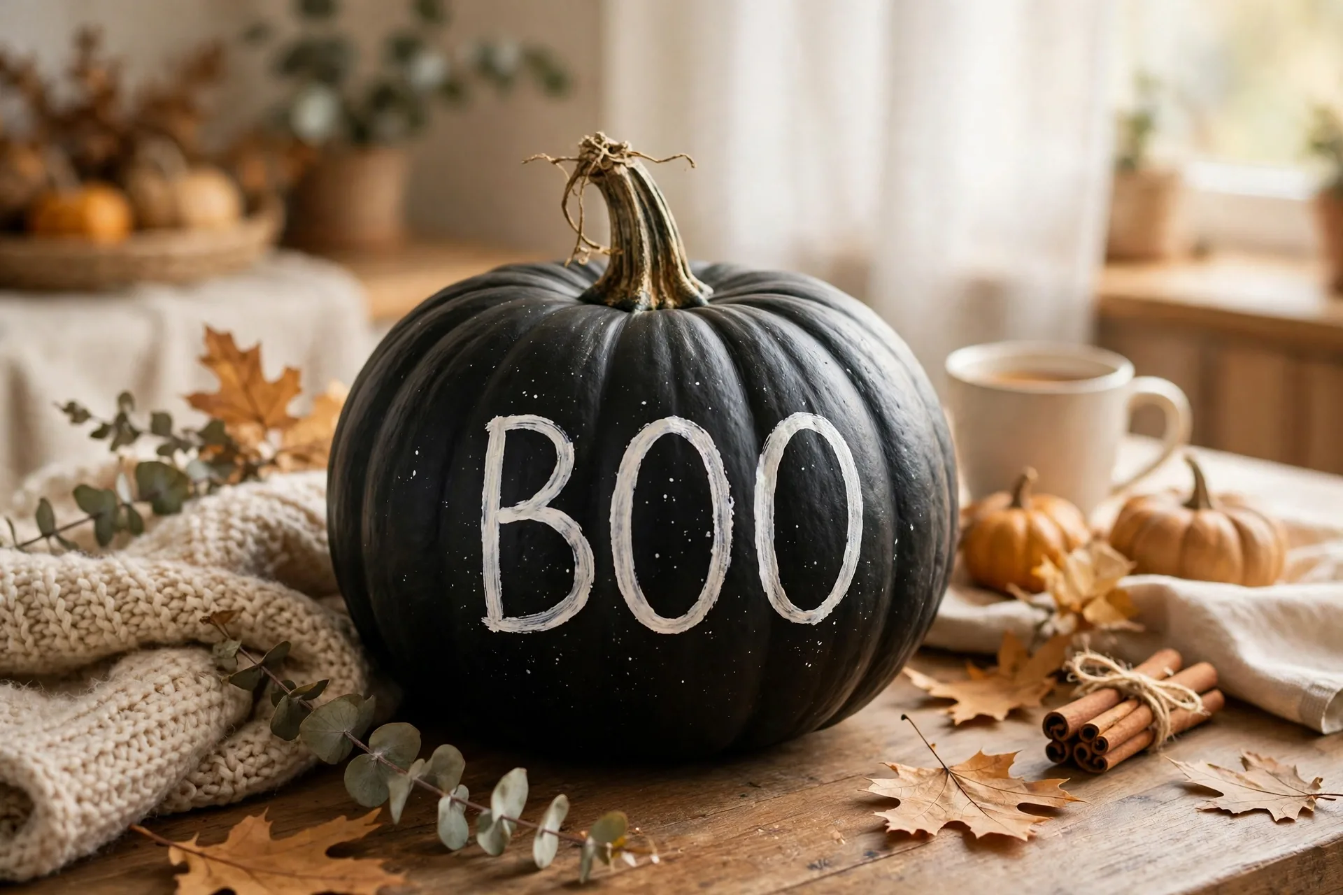 Black pumpkin lettered with the word BOO in white paint pen letters