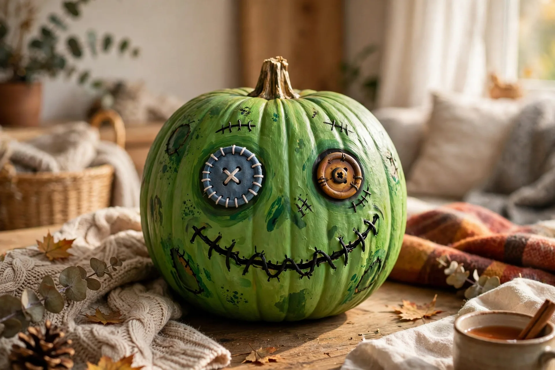 Painted pumpkin as a friendly green zombie with mismatched eyes and stitched mouth