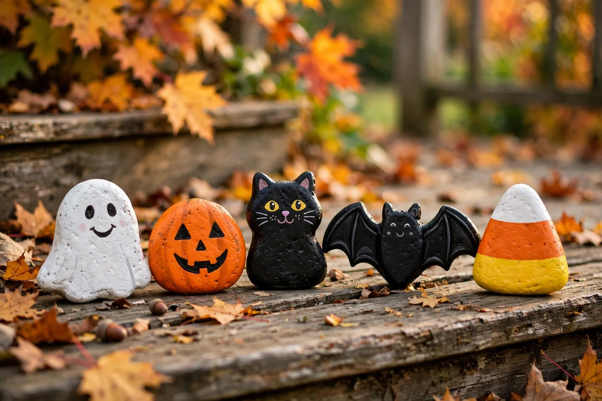 Five painted Halloween rocks on wooden porch steps: a friendly white ghost, an orange pumpkin-face rock, a black cat, a bat, and a candy corn rock in warm autumn light