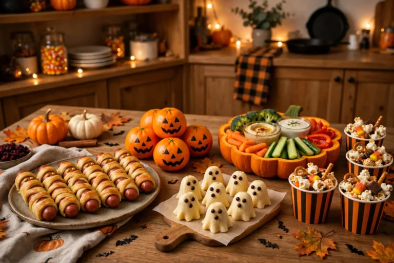 A warm Halloween party snack table for a kids party: mummy hot dogs with mustard eyes, banana ghost bites, mandarin jack-o-lantern oranges, a pumpkin-shaped veggie tray with dip cups, and cups of spooky popcorn mix