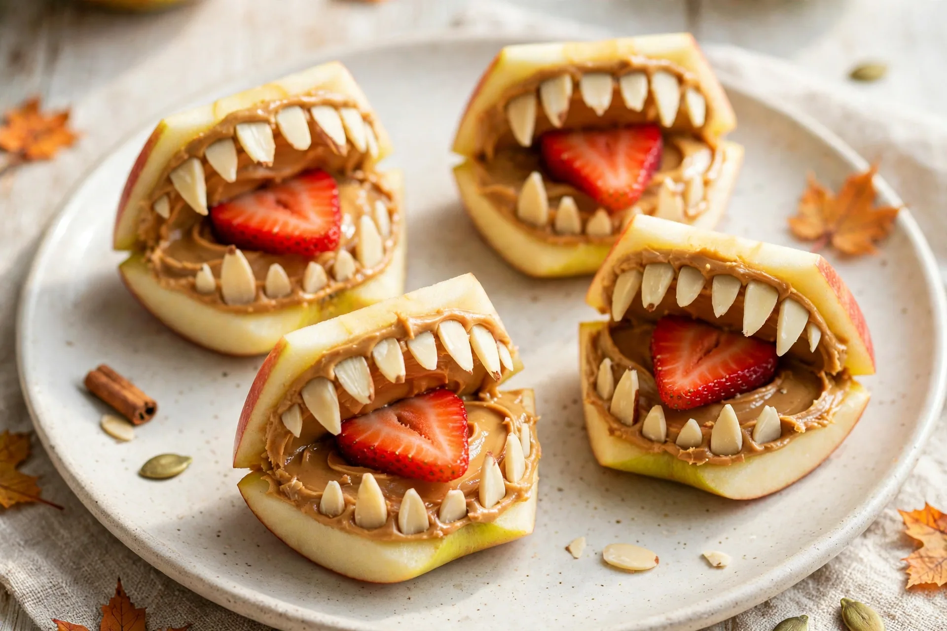 Apple quarters made into monster mouths with nut butter, almond teeth and a strawberry tongue