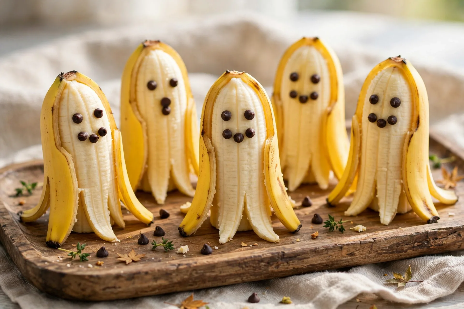 Banana ghost halves with mini chocolate chip faces on a wooden tray
