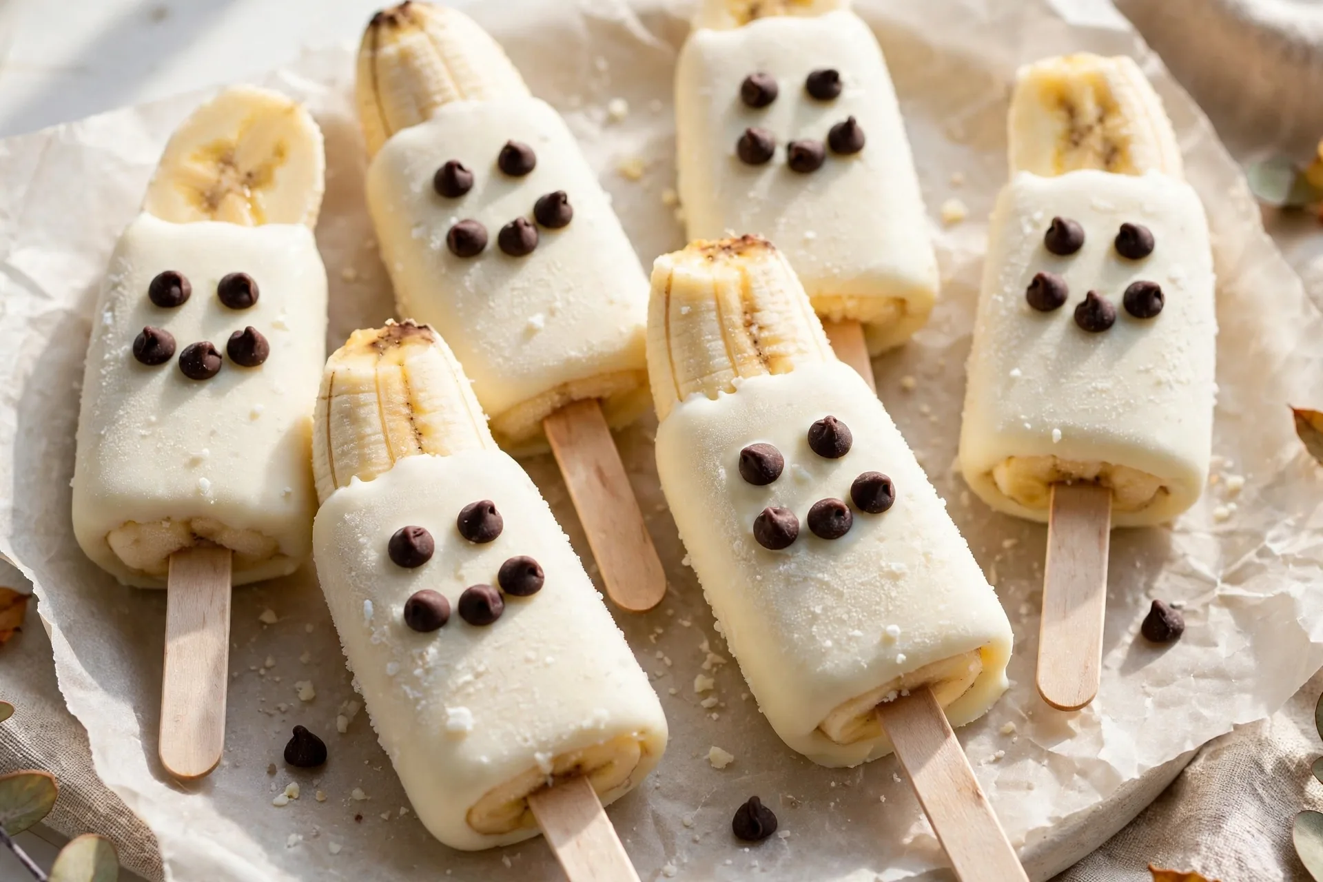 Banana halves on sticks dipped in white chocolate with chocolate chip ghost faces.