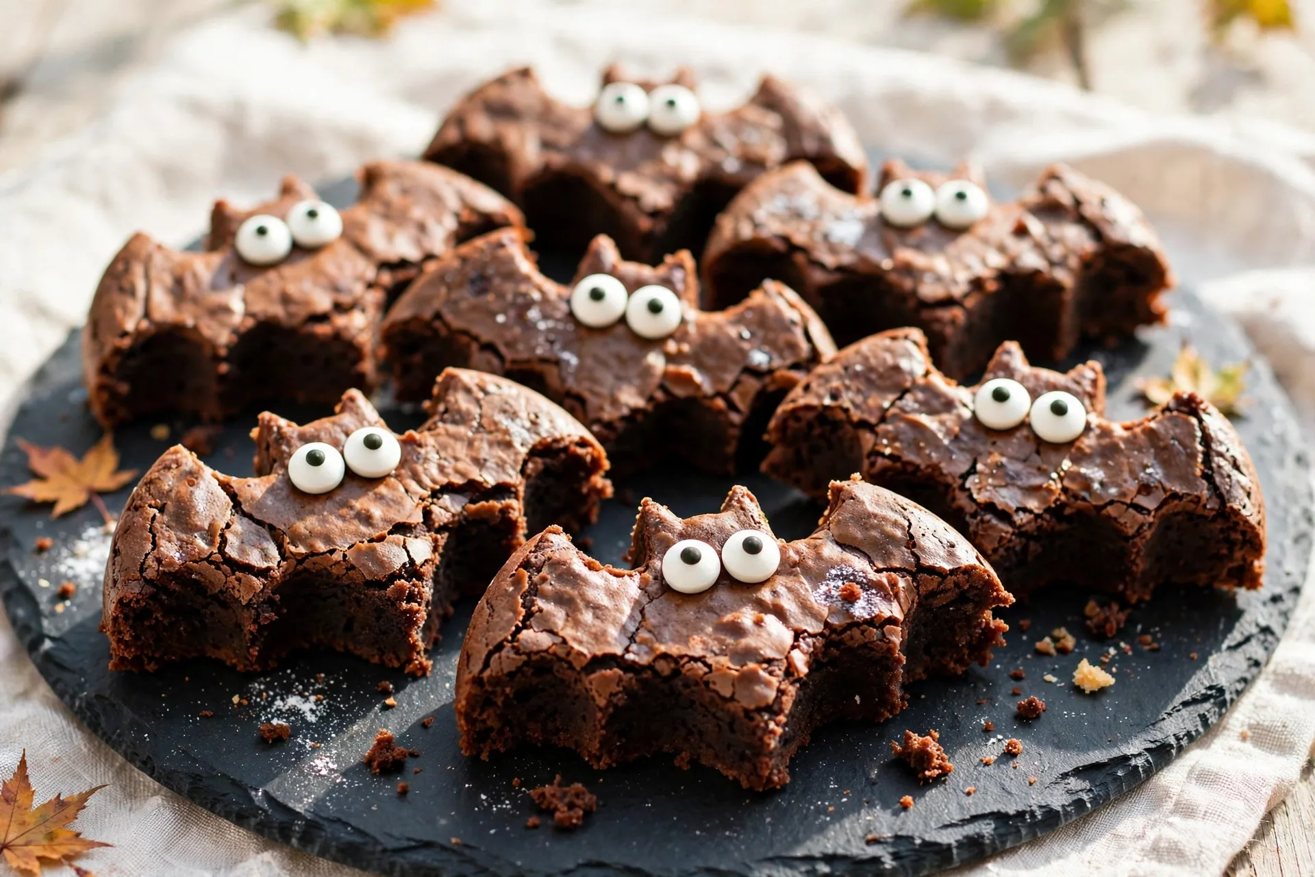 Brownie bites cut into bat shapes with candy eyes on top.
