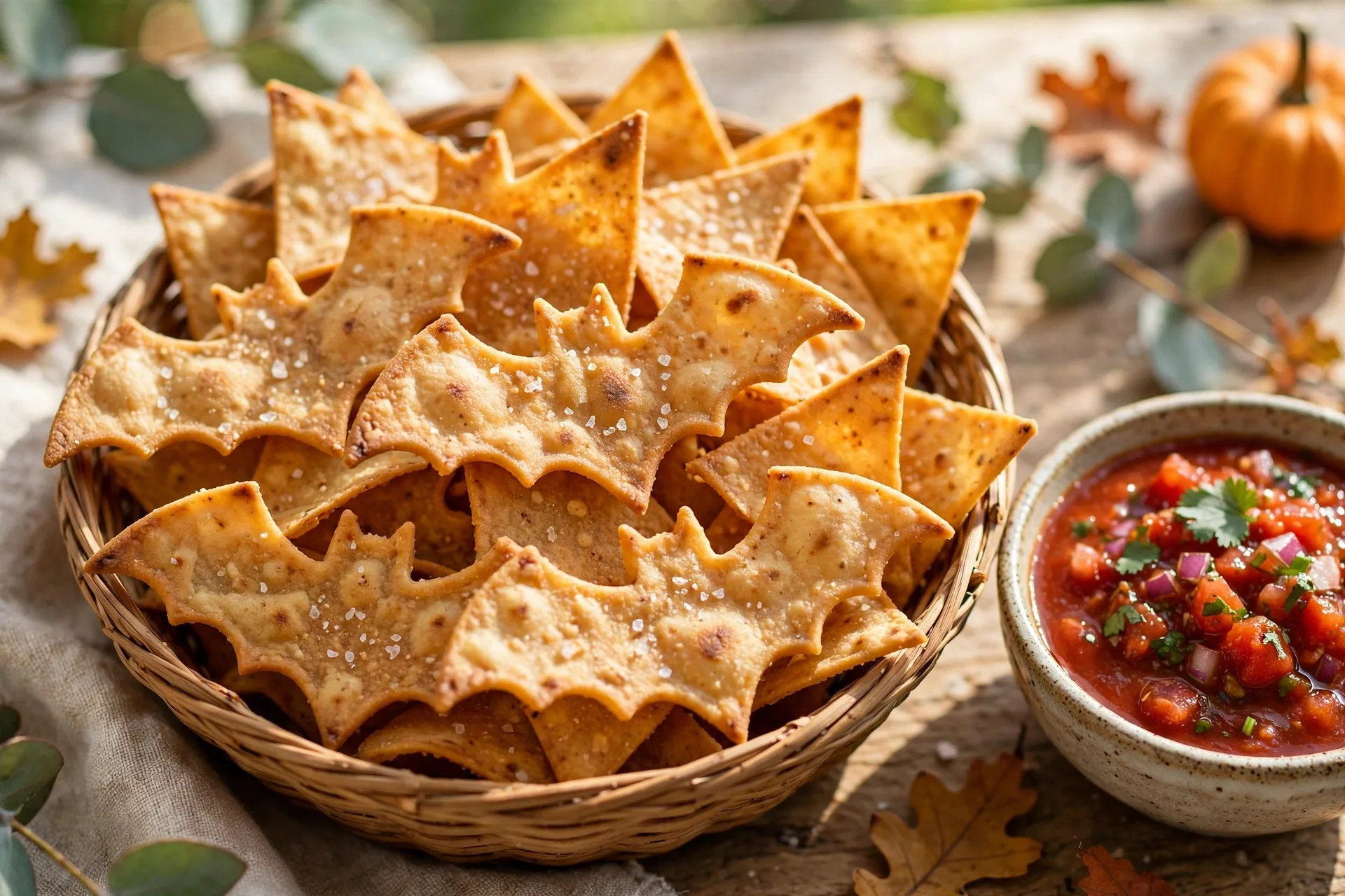 A basket of crisp tortilla chips cut into bat shapes with a bowl of salsa