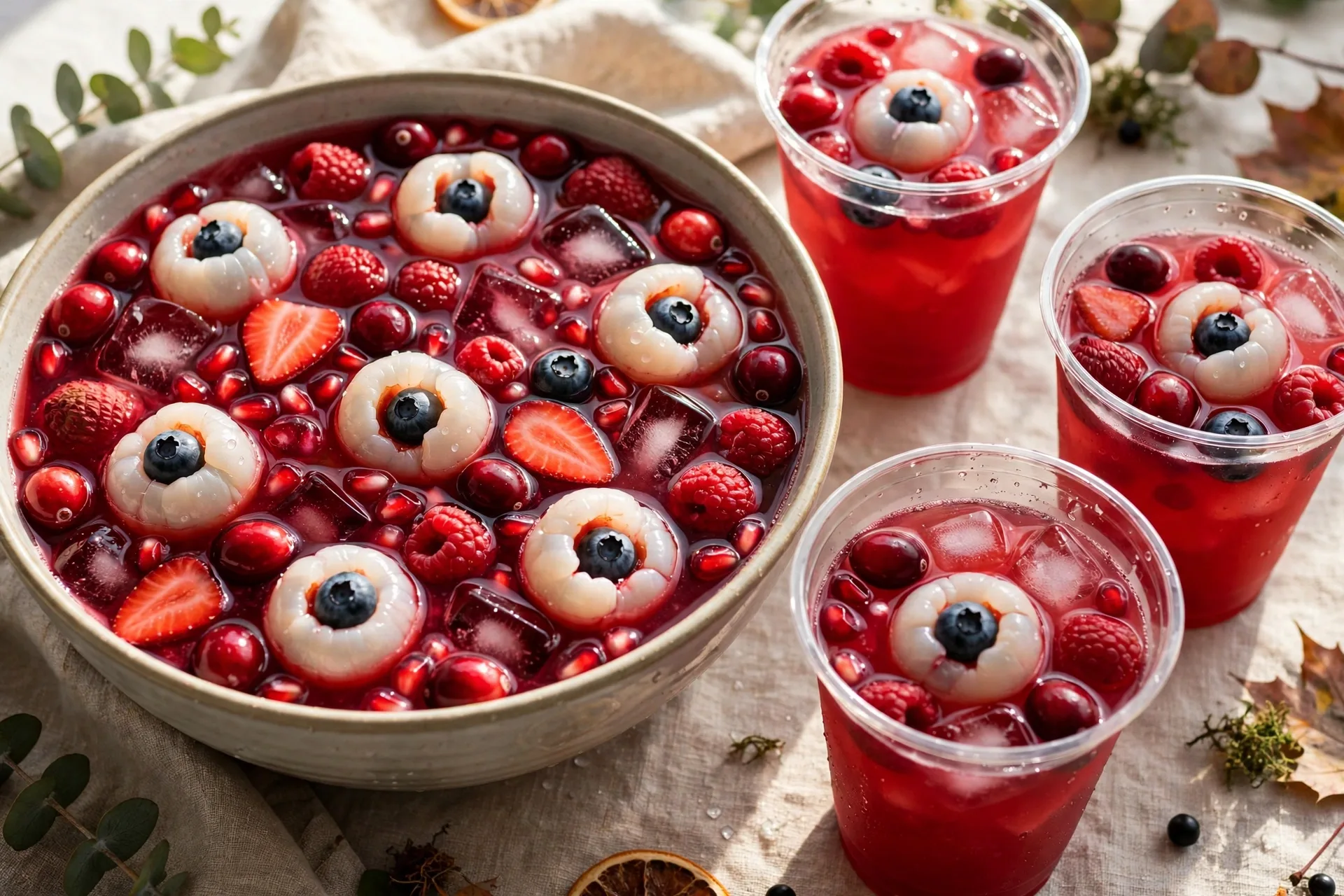Red berry punch with floating raspberry eyeballs made from lychees and blueberries.