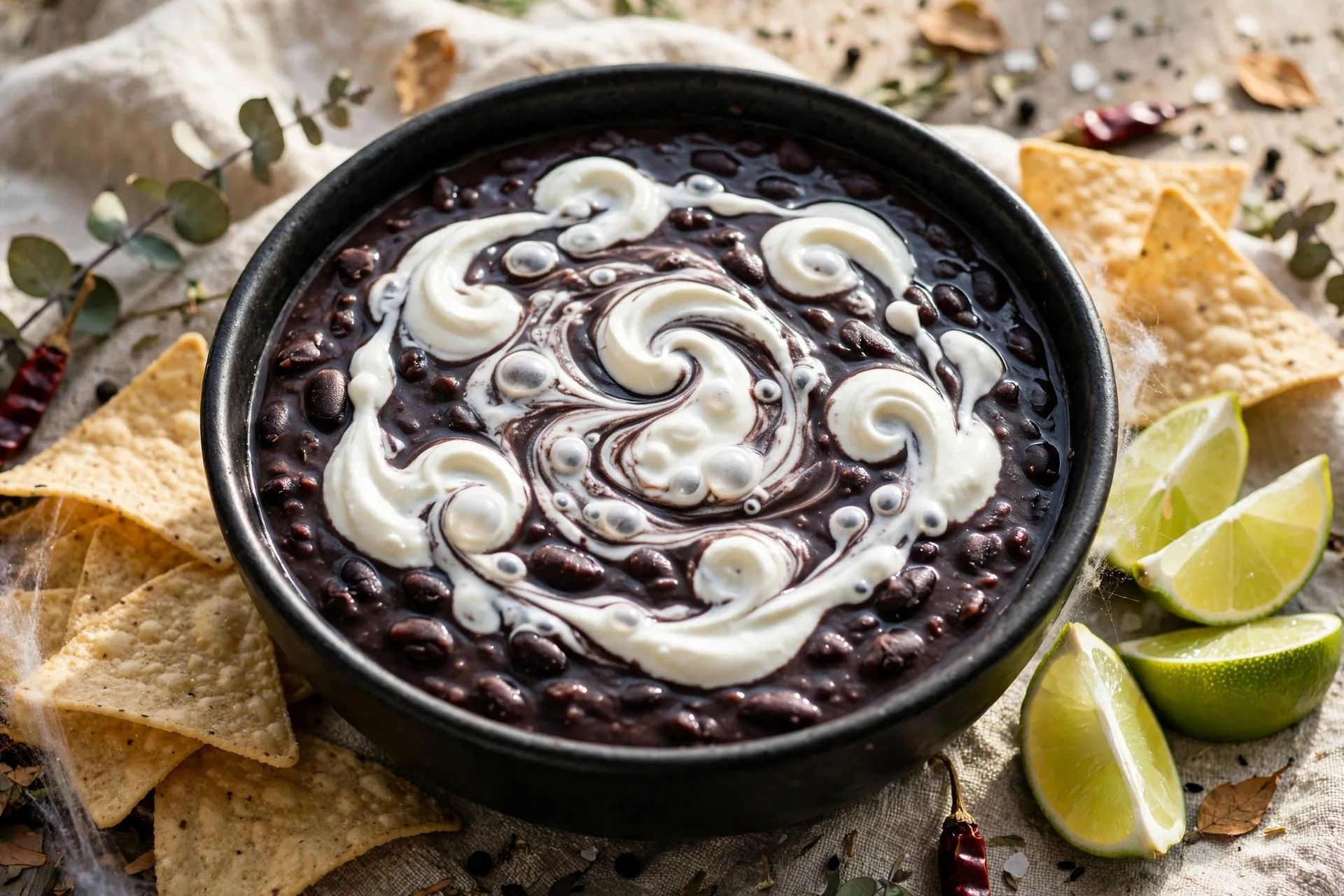 Dark bean dip served in a black bowl with sour cream swirls bubbling on top.