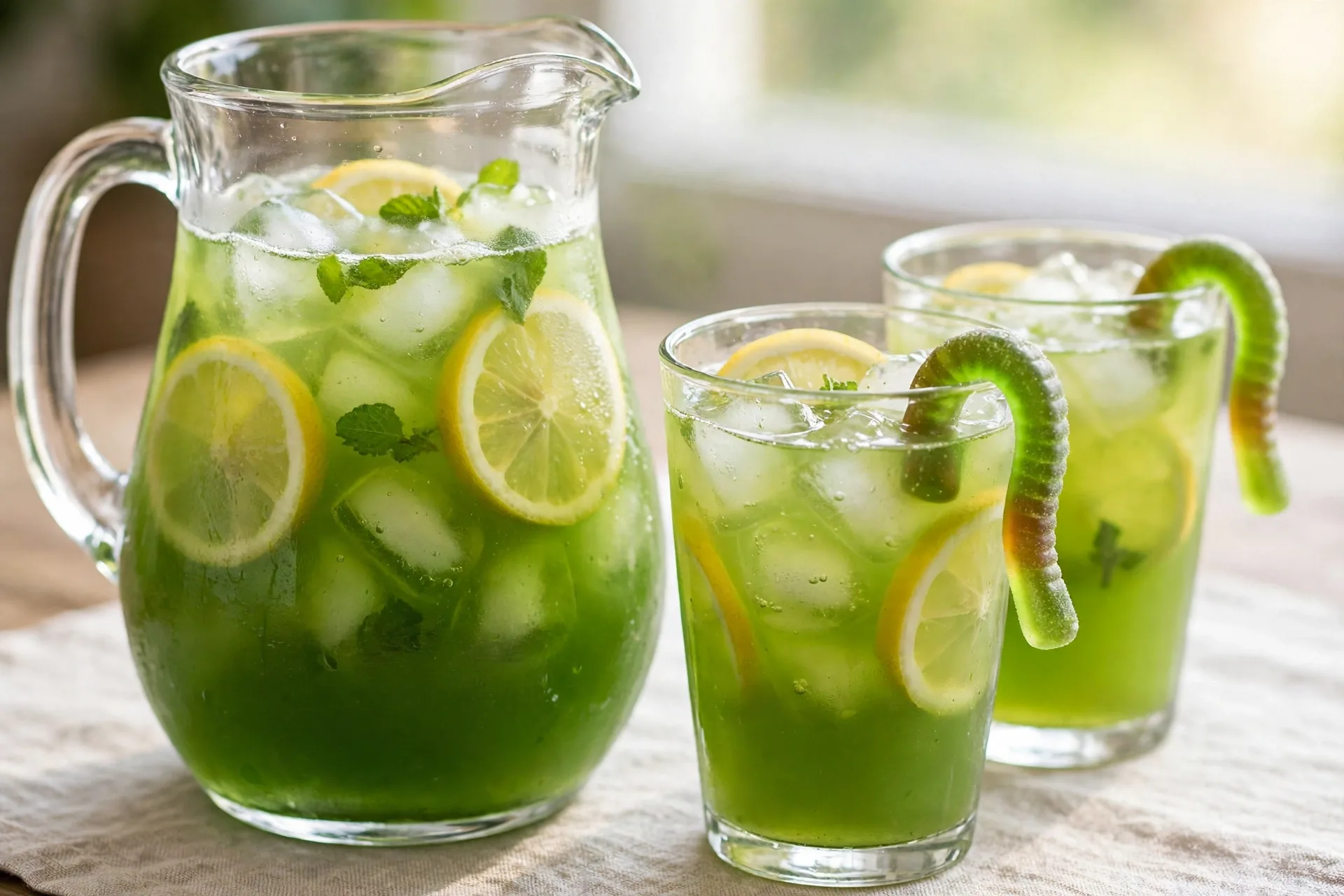 Green lemonade with a dry ice mist and gummy worms draped over the rim.