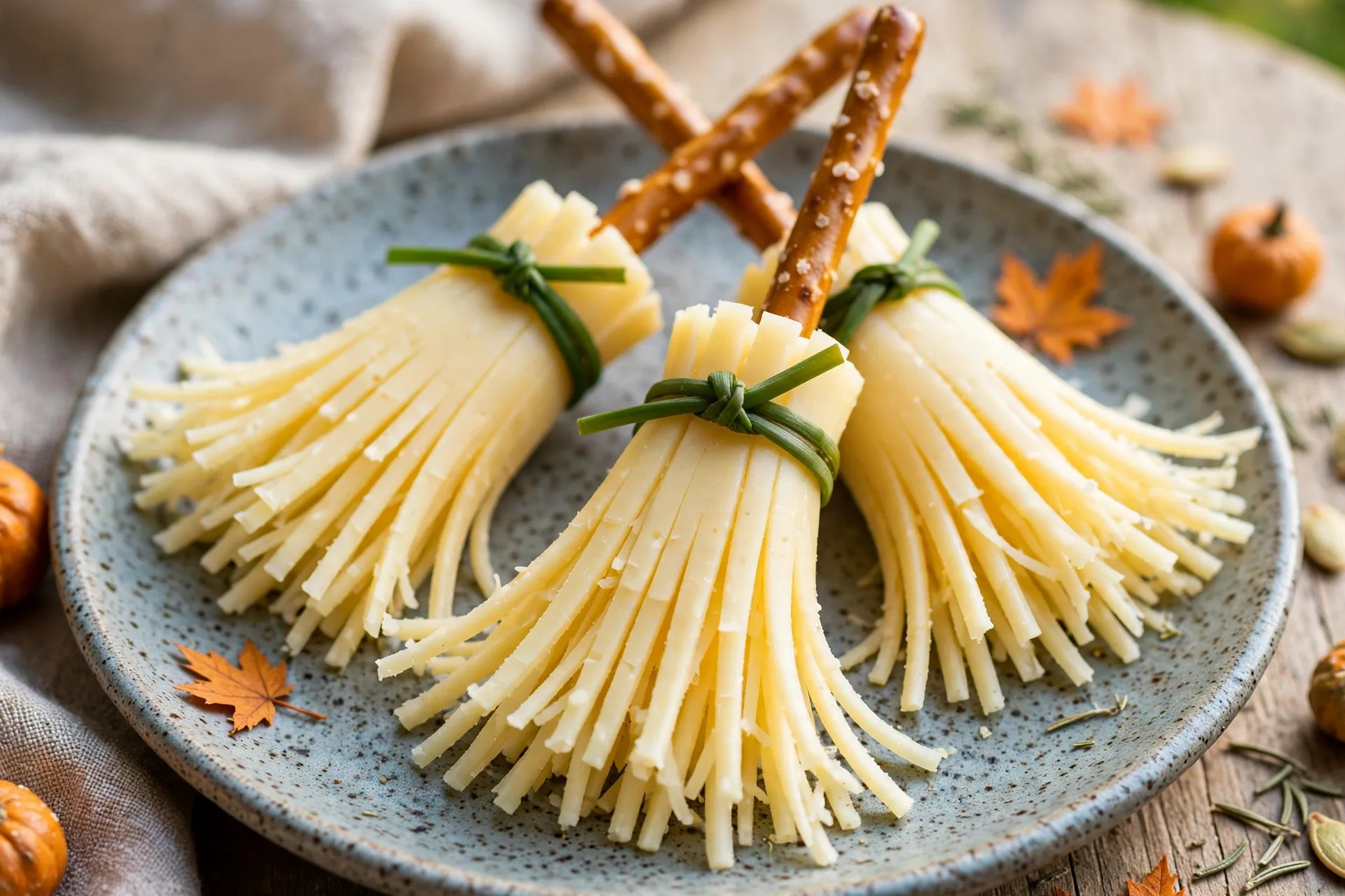 Witches broomstick snacks made from string cheese and pretzel sticks with fringed bristles