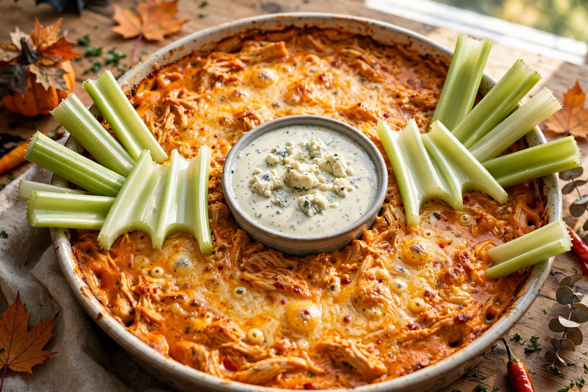 Warm buffalo chicken dip with celery bat wings arranged around the edges.