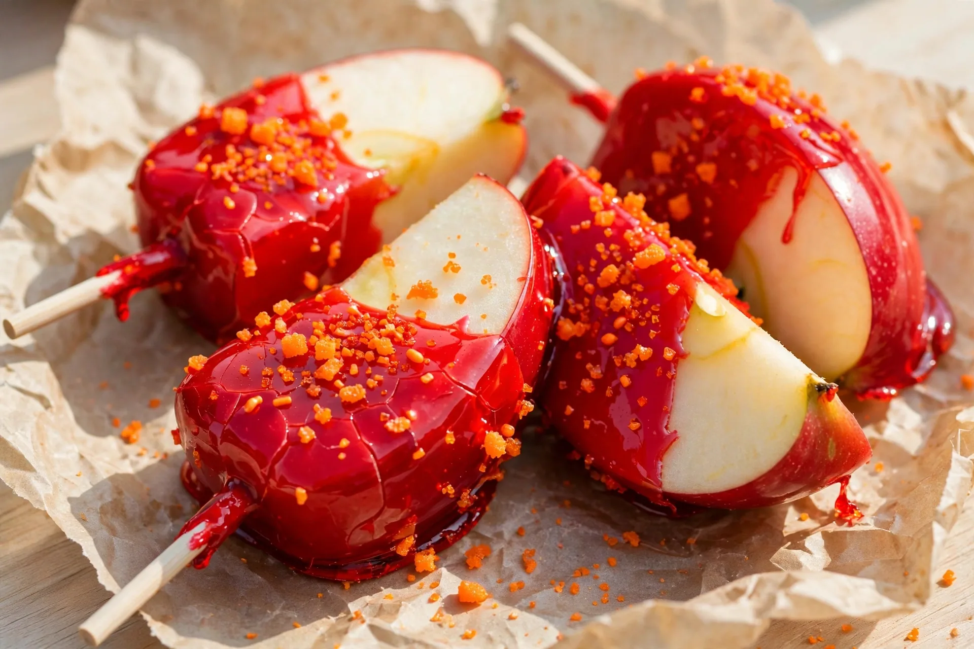 Apple slices dipped in red candy coating with a sprinkle of orange sugar on top.