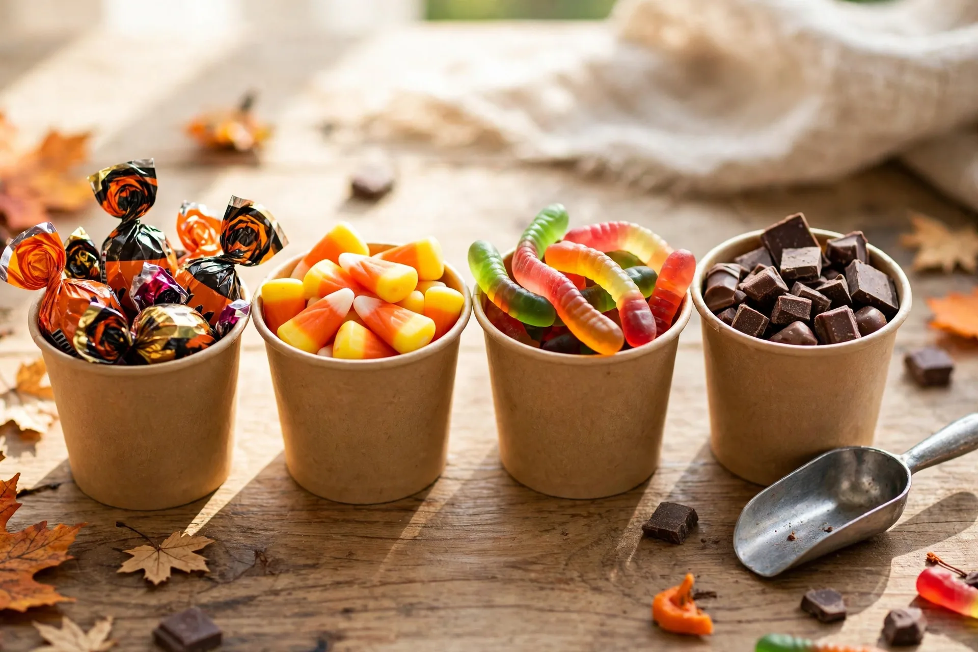 Small cups filled with Halloween candy, each with a little scoop for filling treat bags.