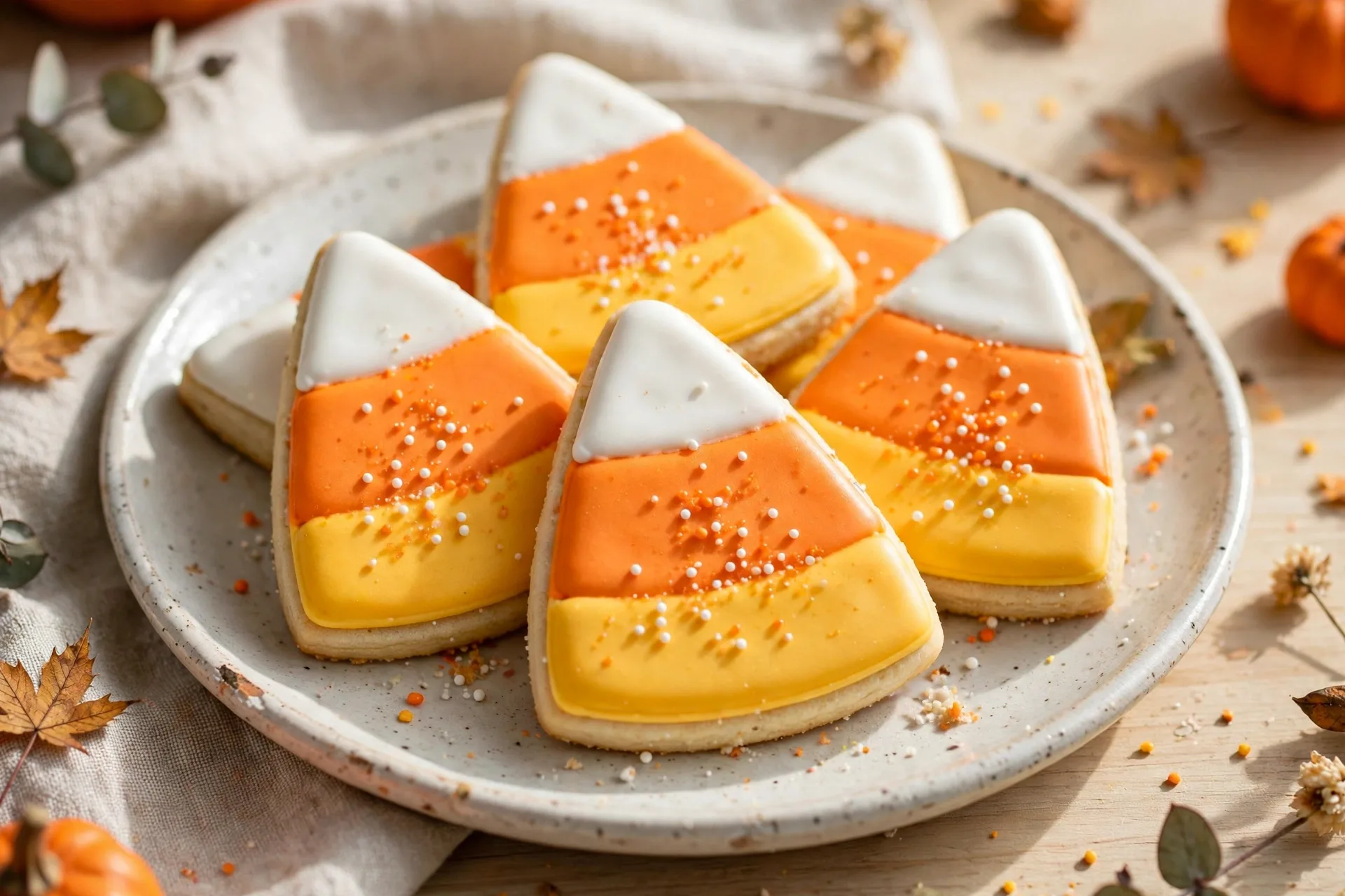 Sugar cookies striped yellow, orange, and white like candy corn.