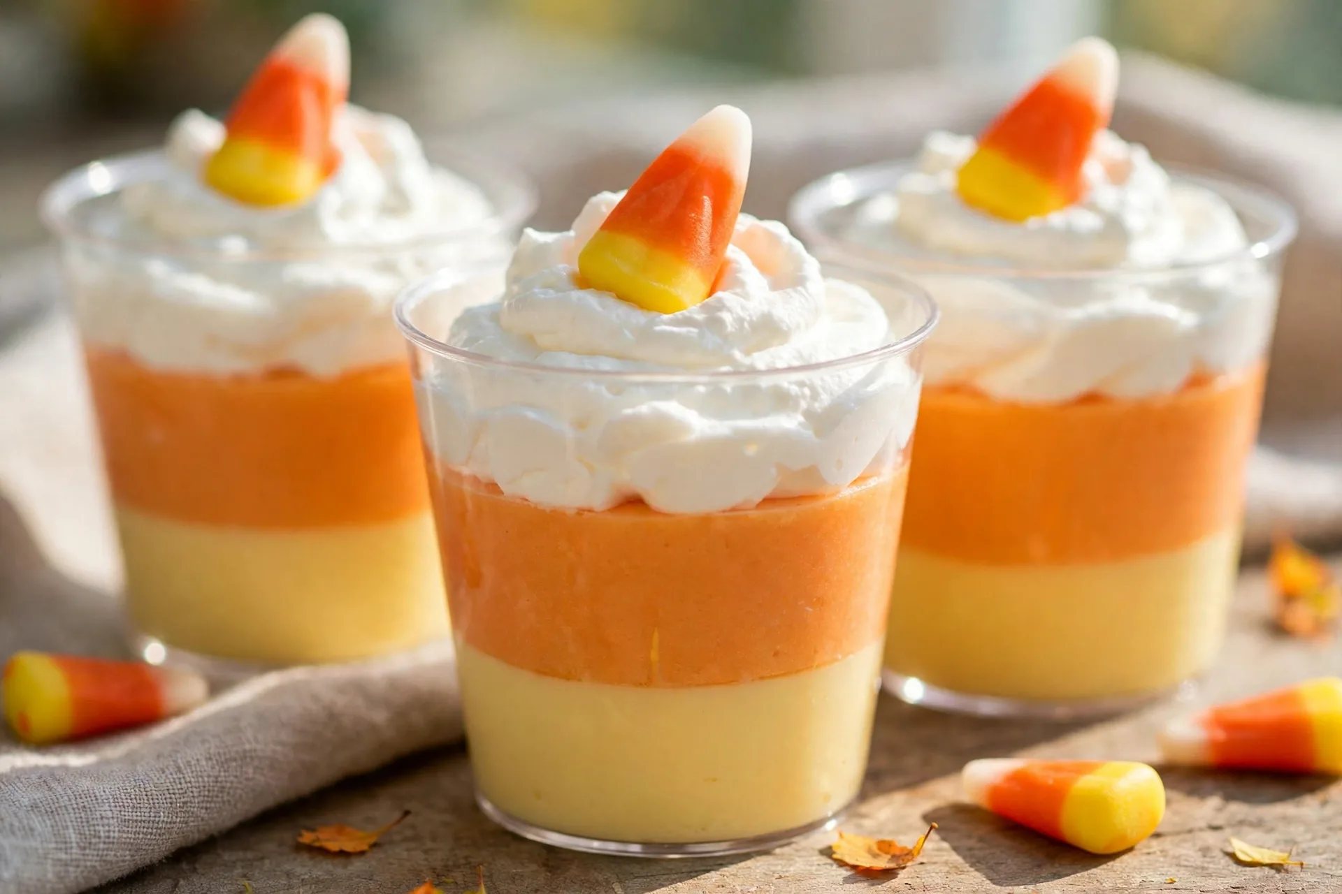 Clear cups layered yellow pudding, orange pudding, and whipped topping like candy corn.