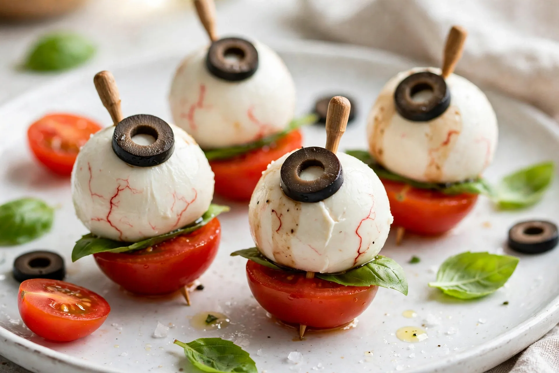 Eyeball caprese bites on cocktail picks with mozzarella, cherry tomato, basil and an olive pupil