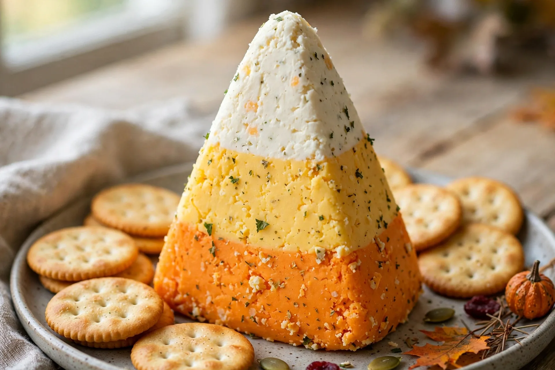 A cheese ball striped orange, yellow, and white like a giant candy corn.
