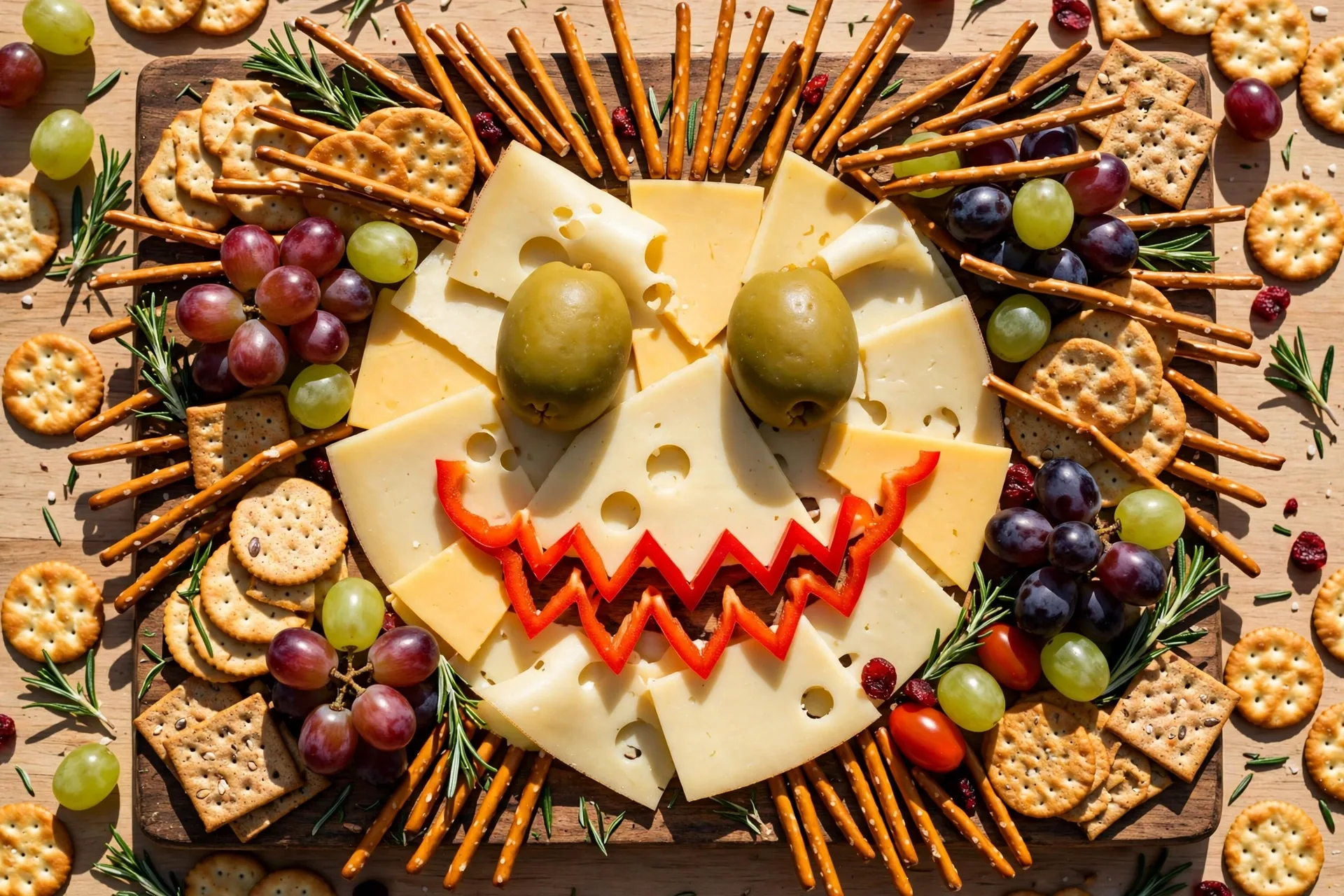 A cheese board with a monster face made from cheese slices, olive eyes, and a pepper grin.