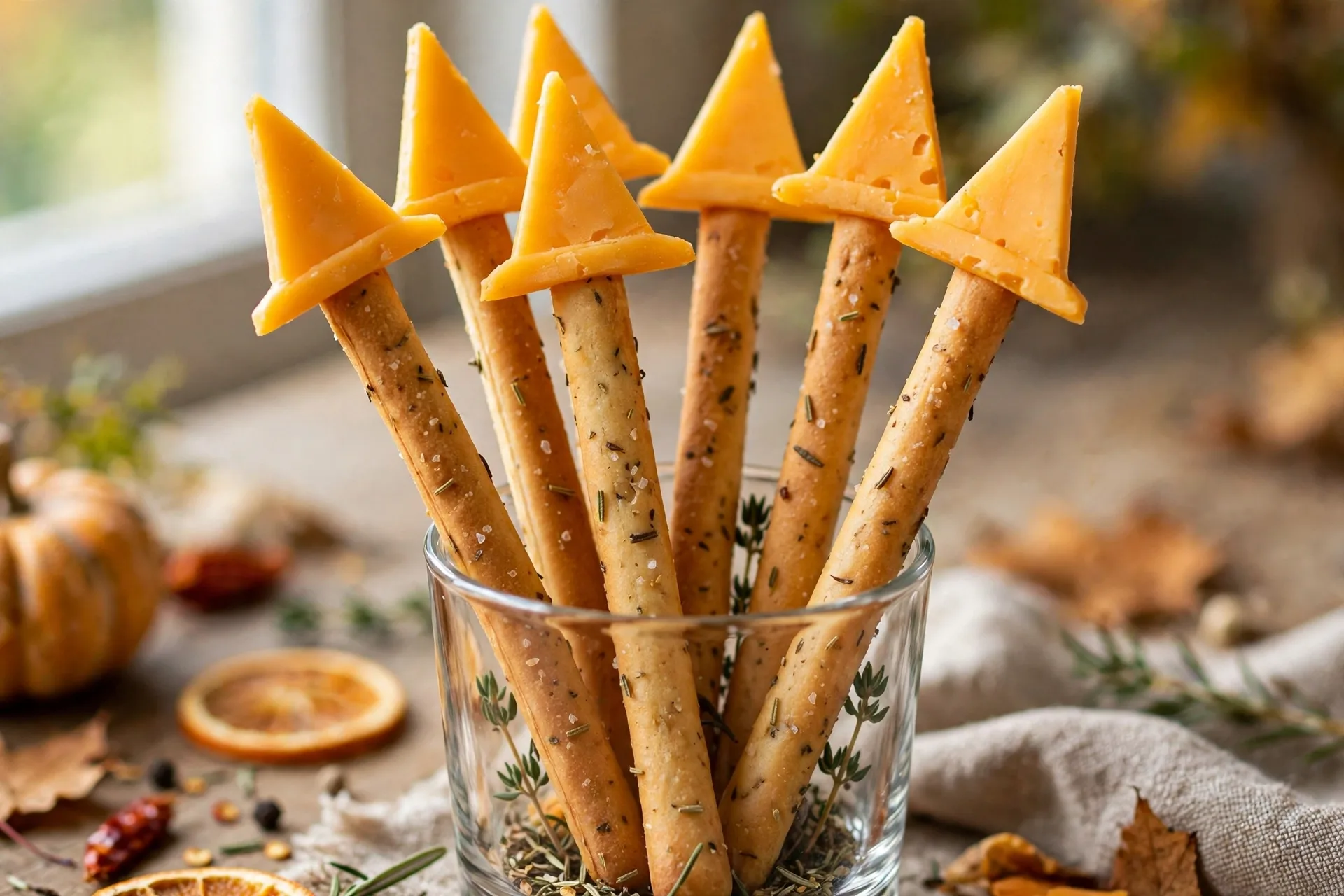 Breadsticks topped with cheddar cheese triangles like witch hats standing in a short glass