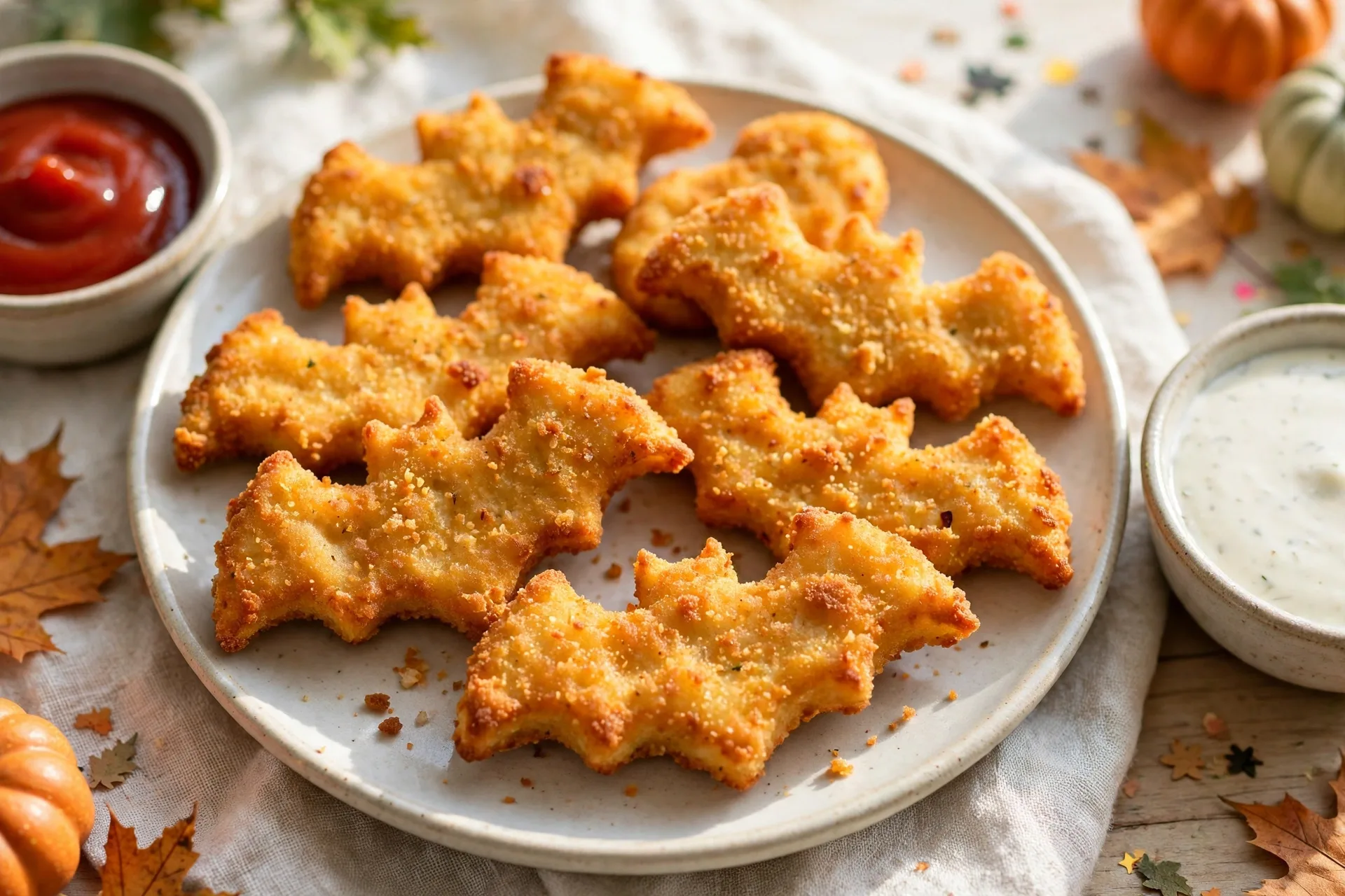 Chicken nuggets cut into bat shapes, breaded and baked until crisp.