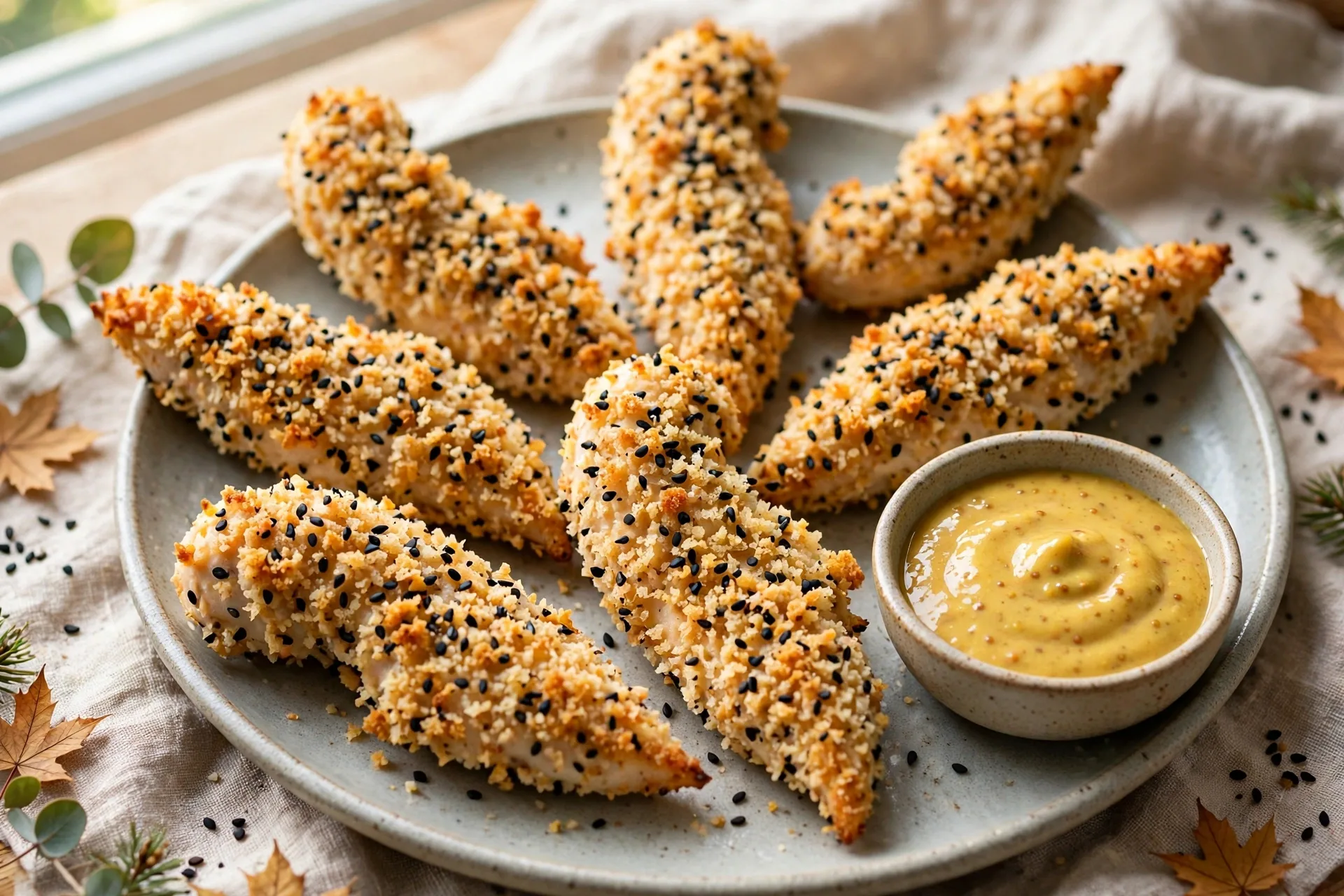 Baked chicken tenders with black sesame wings, arranged like a flock of bats.