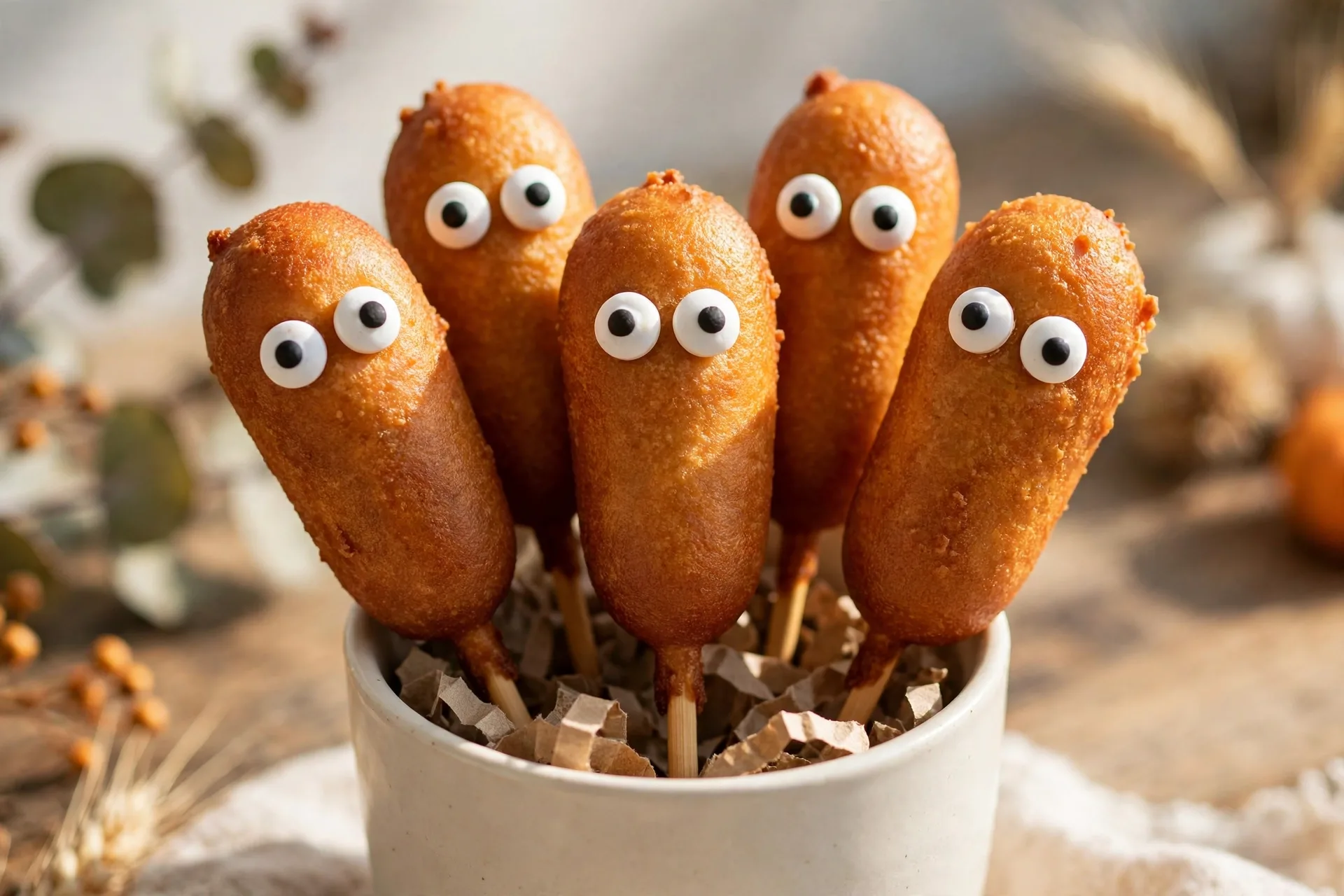 Mini corn dogs with candy eyes stuck on, standing in a cup like little monsters.