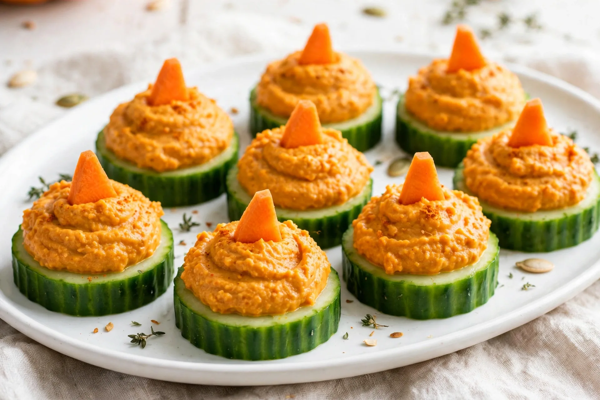 Cucumber rounds topped with pumpkin hummus and a tiny carrot triangle on top.