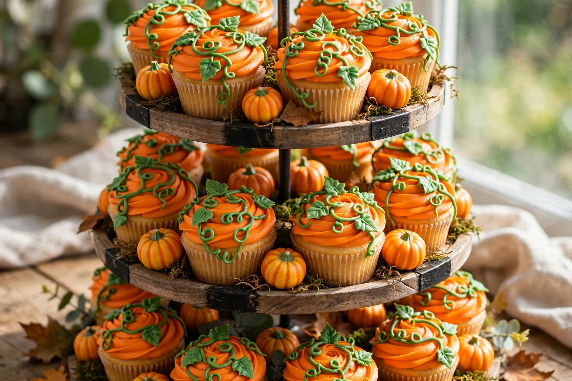 A tiered stand of orange cupcakes with green frosting vines, like a pumpkin patch.