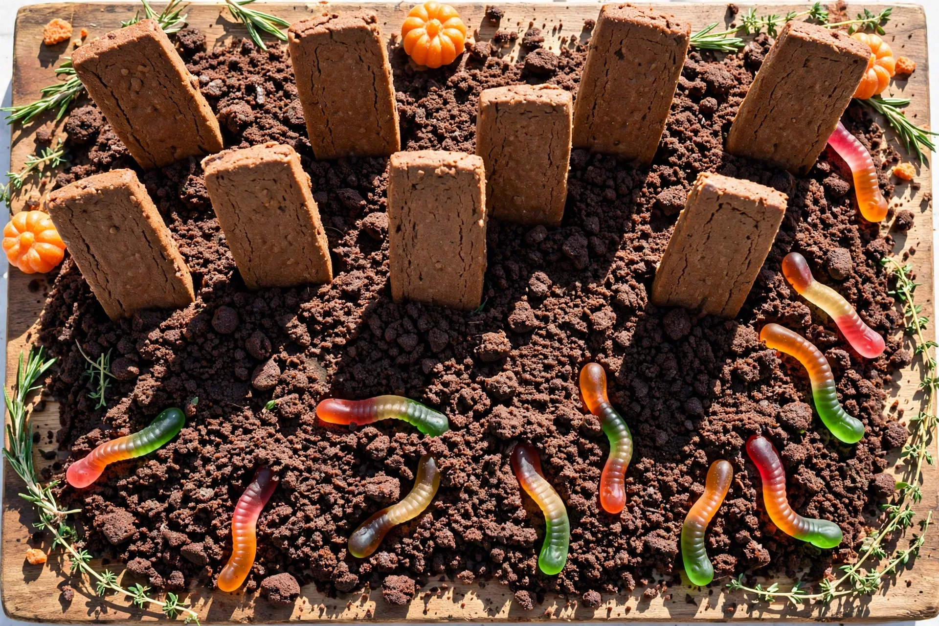 A dessert board with cookie tombstones, dirt crumb soil, and gummy worms crawling out.