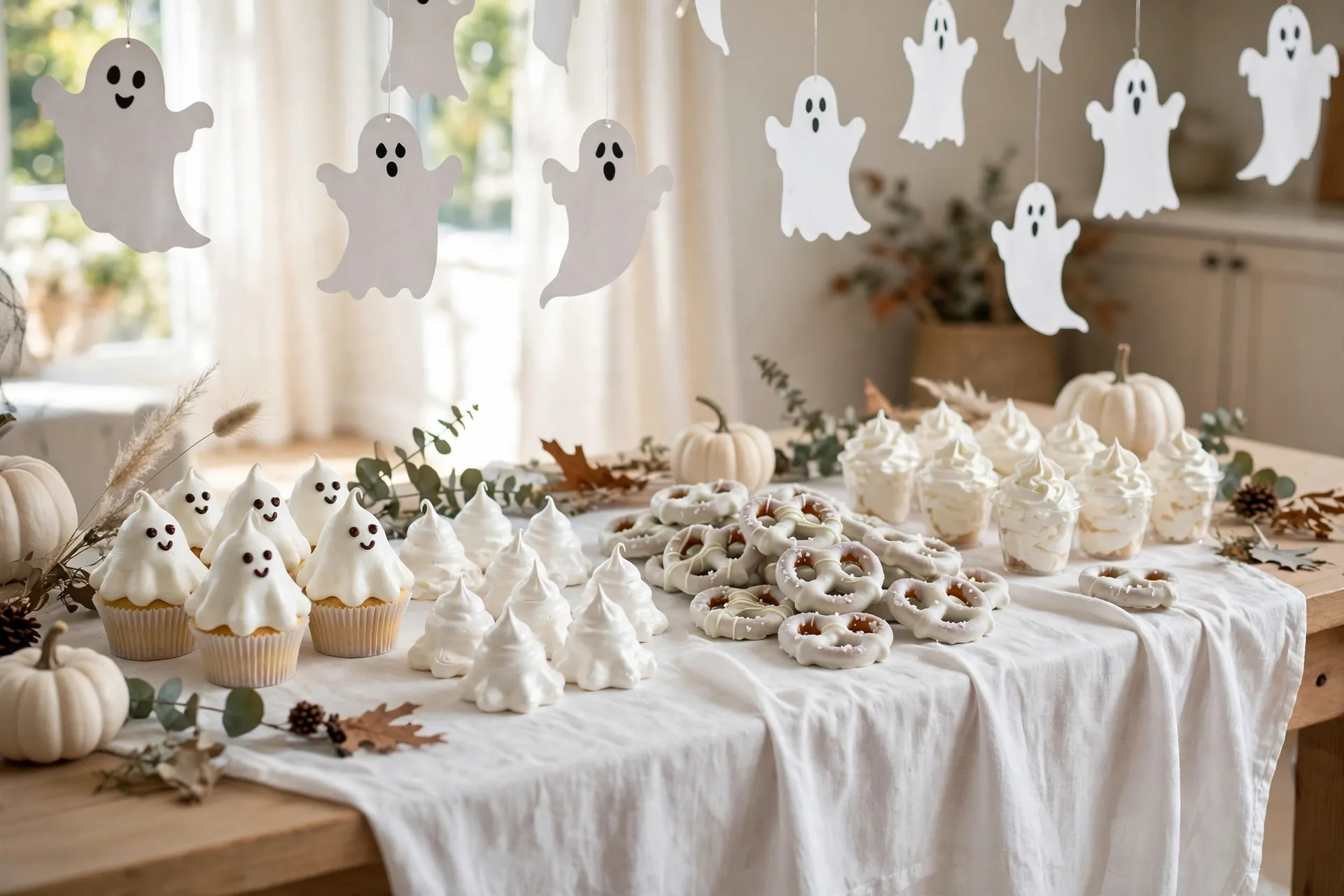 A dessert table draped in white with ghost cupcakes, meringues, and white chocolate treats.