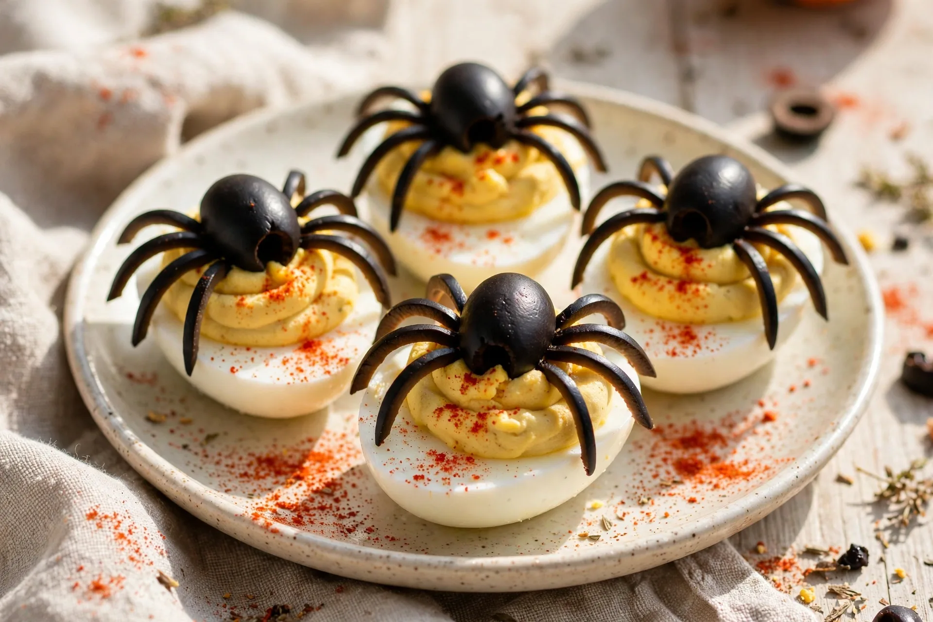Deviled eggs topped with black olive spiders on a plate dusted with paprika