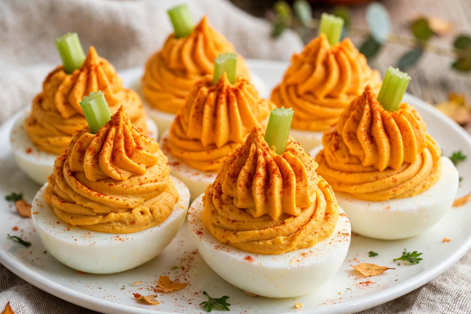 Deviled eggs tinted orange with a celery stem, like tiny pumpkins on the plate.