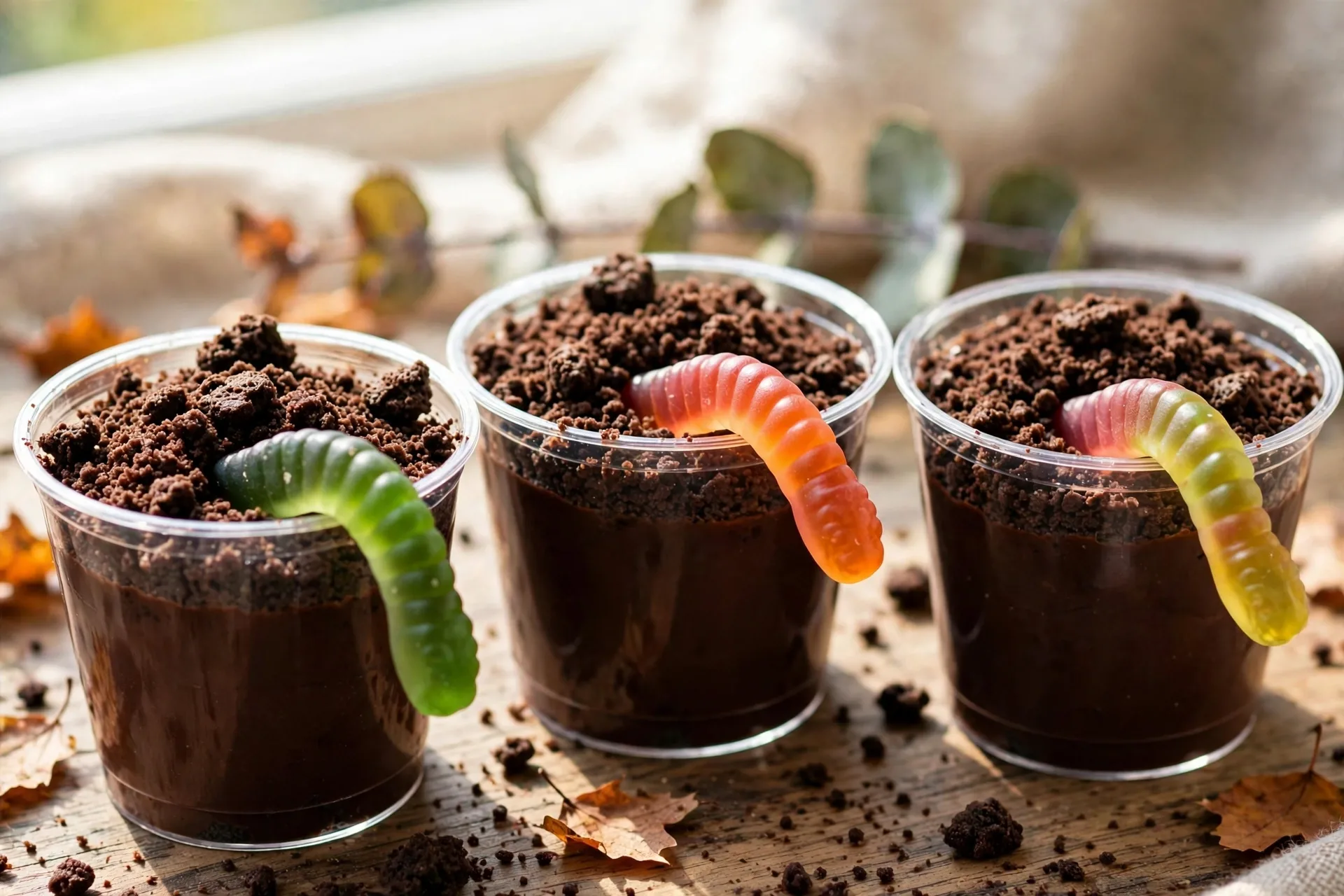 Small clear cups of chocolate pudding topped with cookie dirt and gummy worms