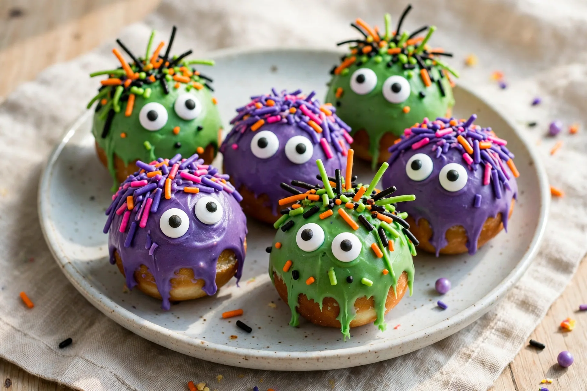 Donut holes with colored frosting hair and candy eyes, like little monsters.