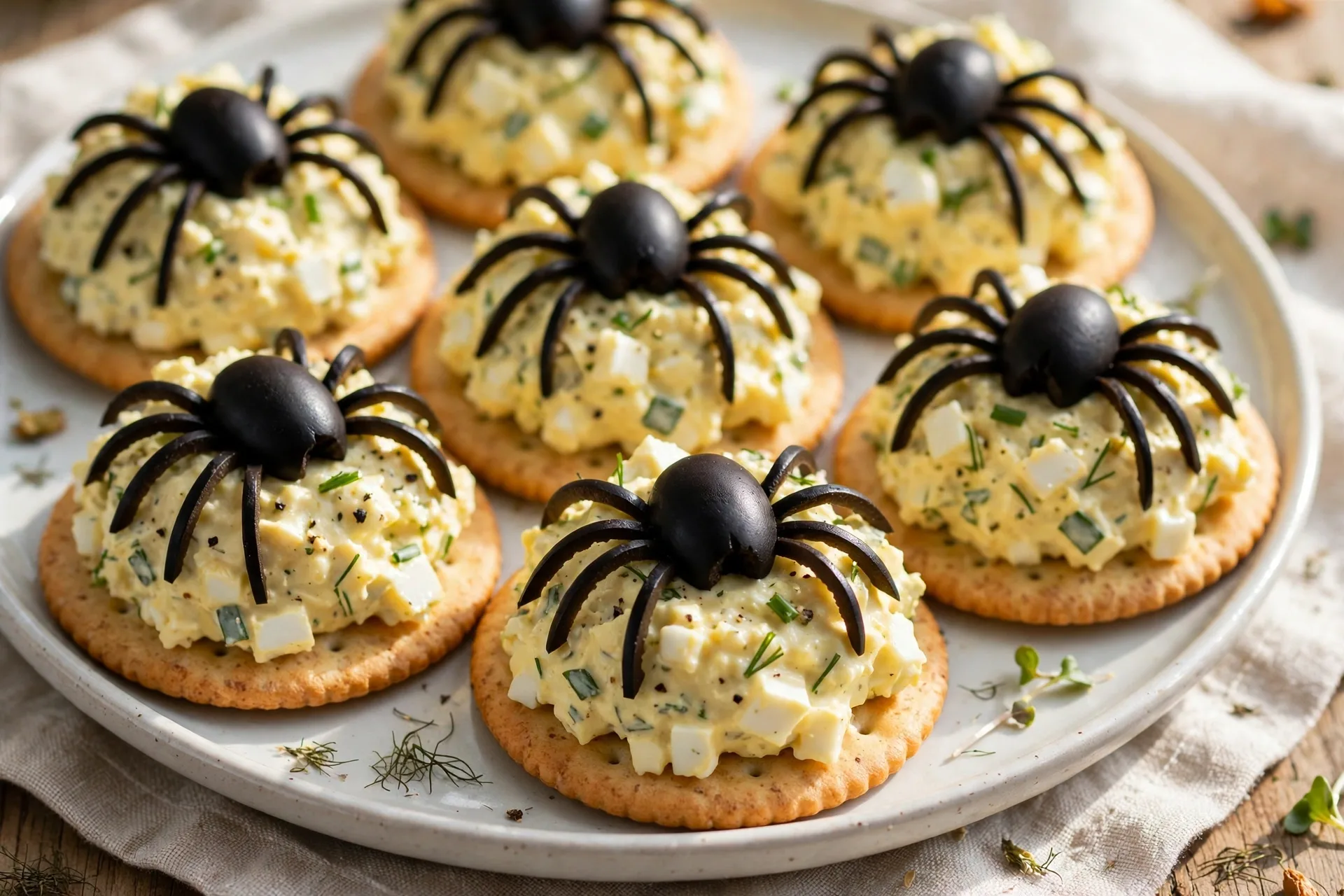 Egg salad spooned onto crackers with olive spiders marching across the top.