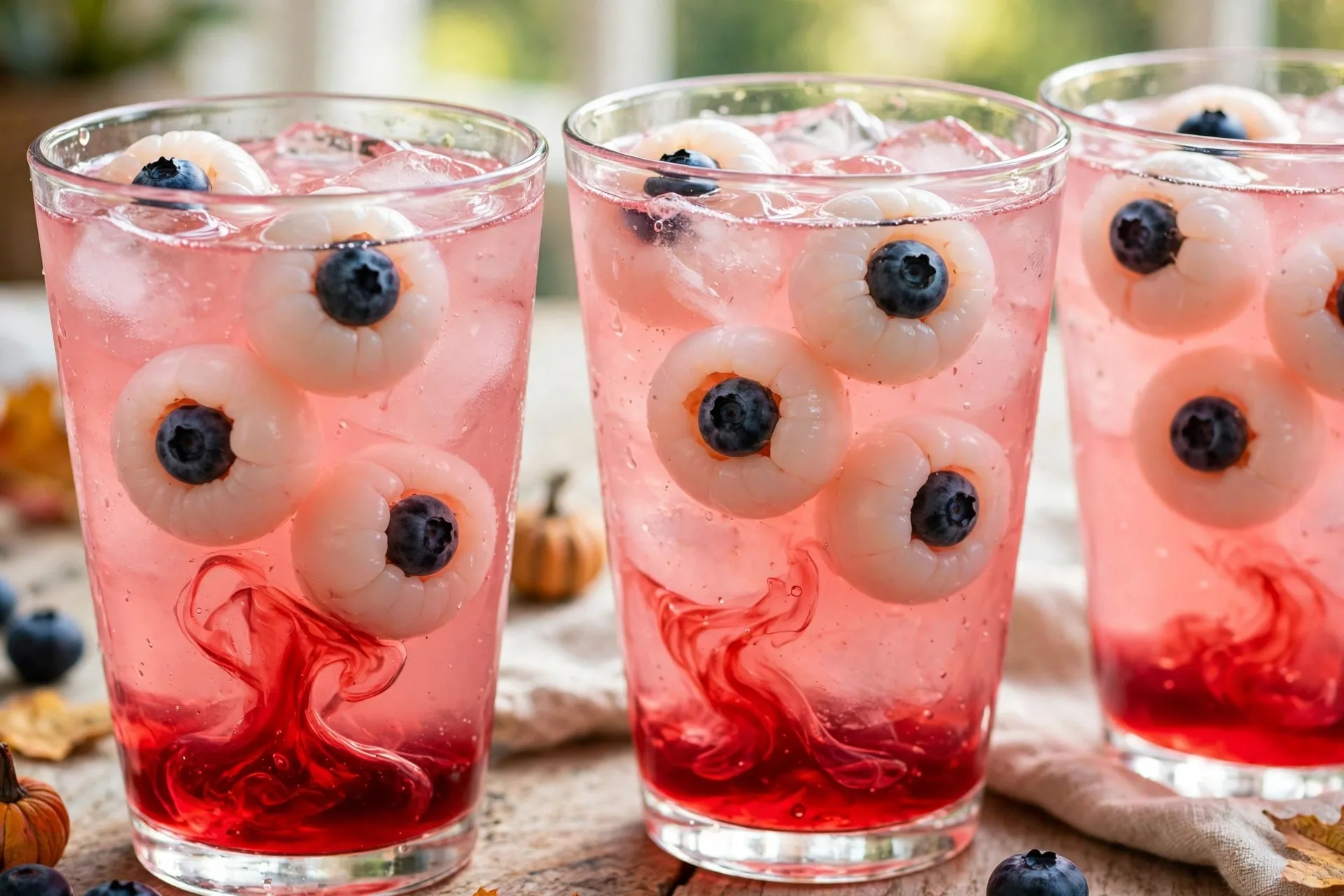 Pink lemonade with floating lychee eyeballs and a splash of grenadine at the bottom.