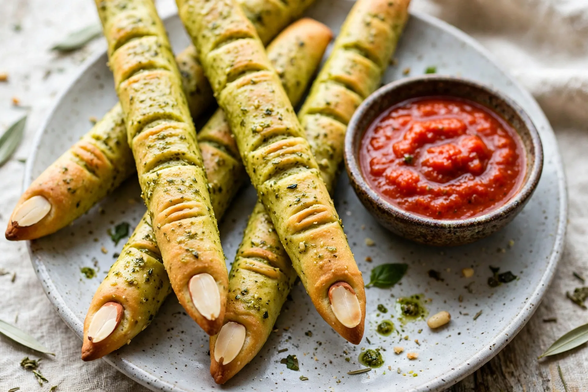Long breadsticks with almond nails and a green tint, like witch fingers on a plate.