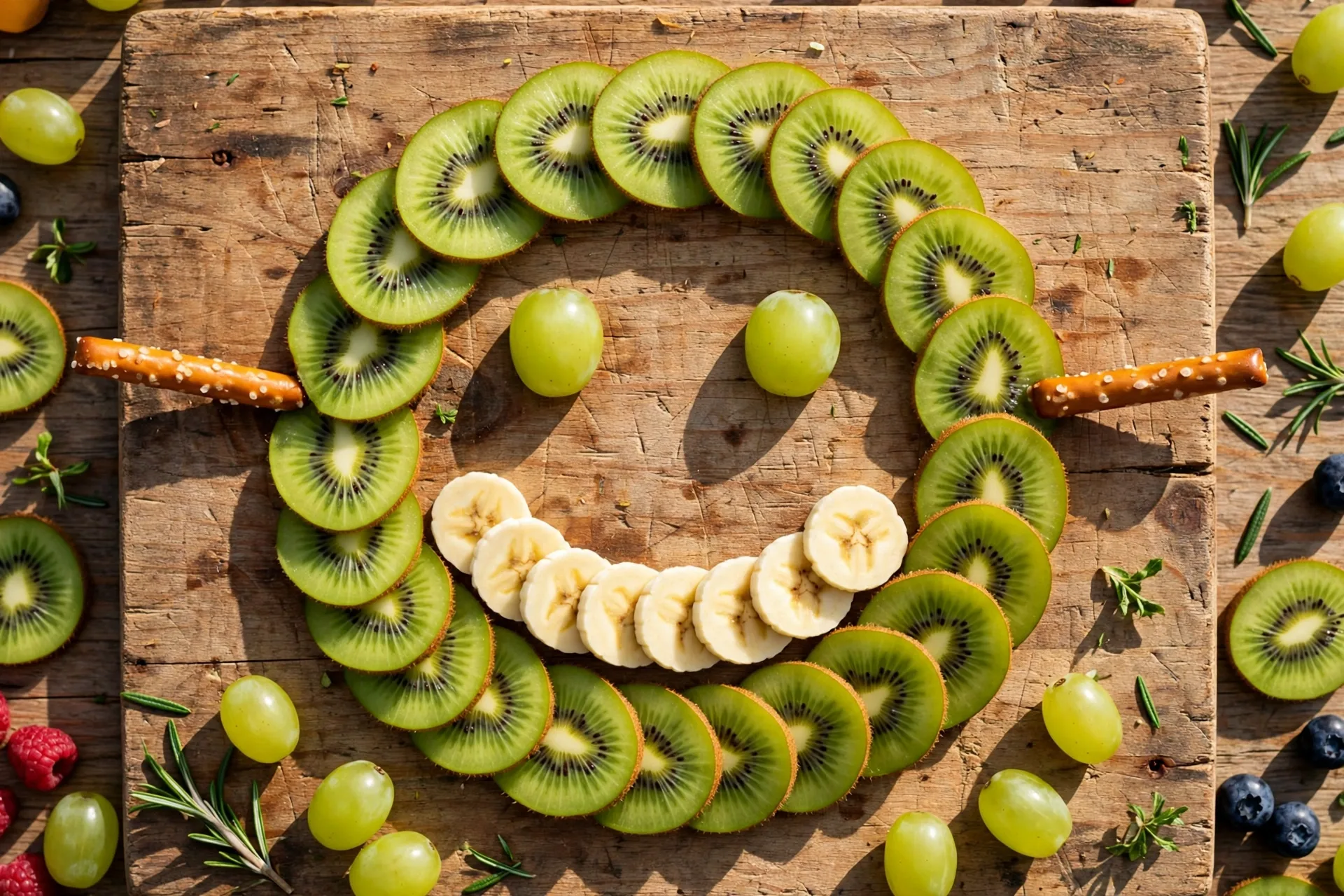 A green monster face built from fruit: kiwi skin, grape eyes, and a banana mouth.