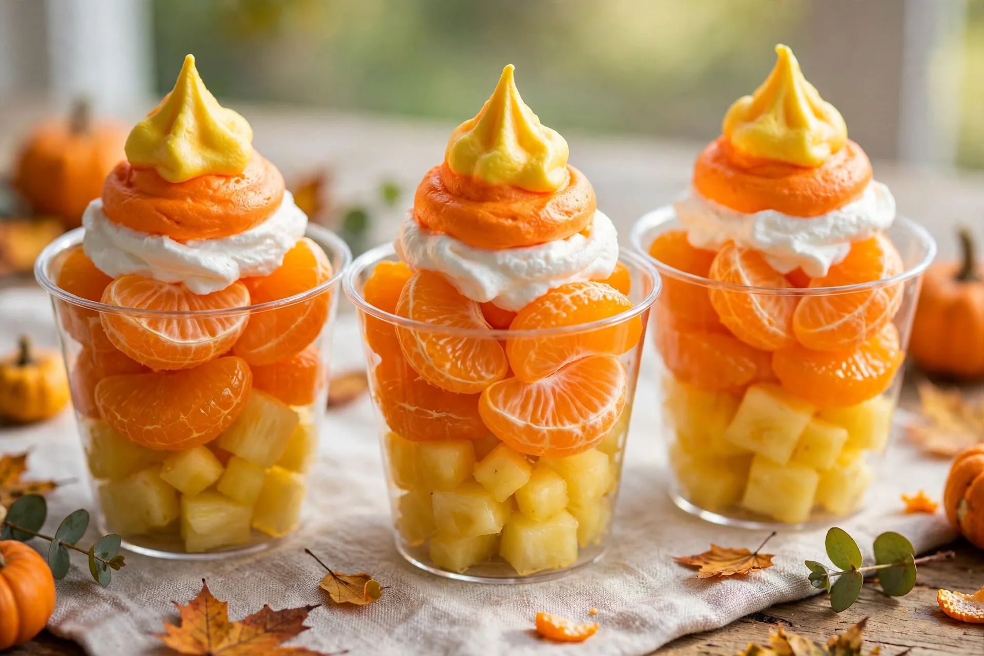 Small clear cups layered with pineapple, mandarin segments and whipped topping like candy corn