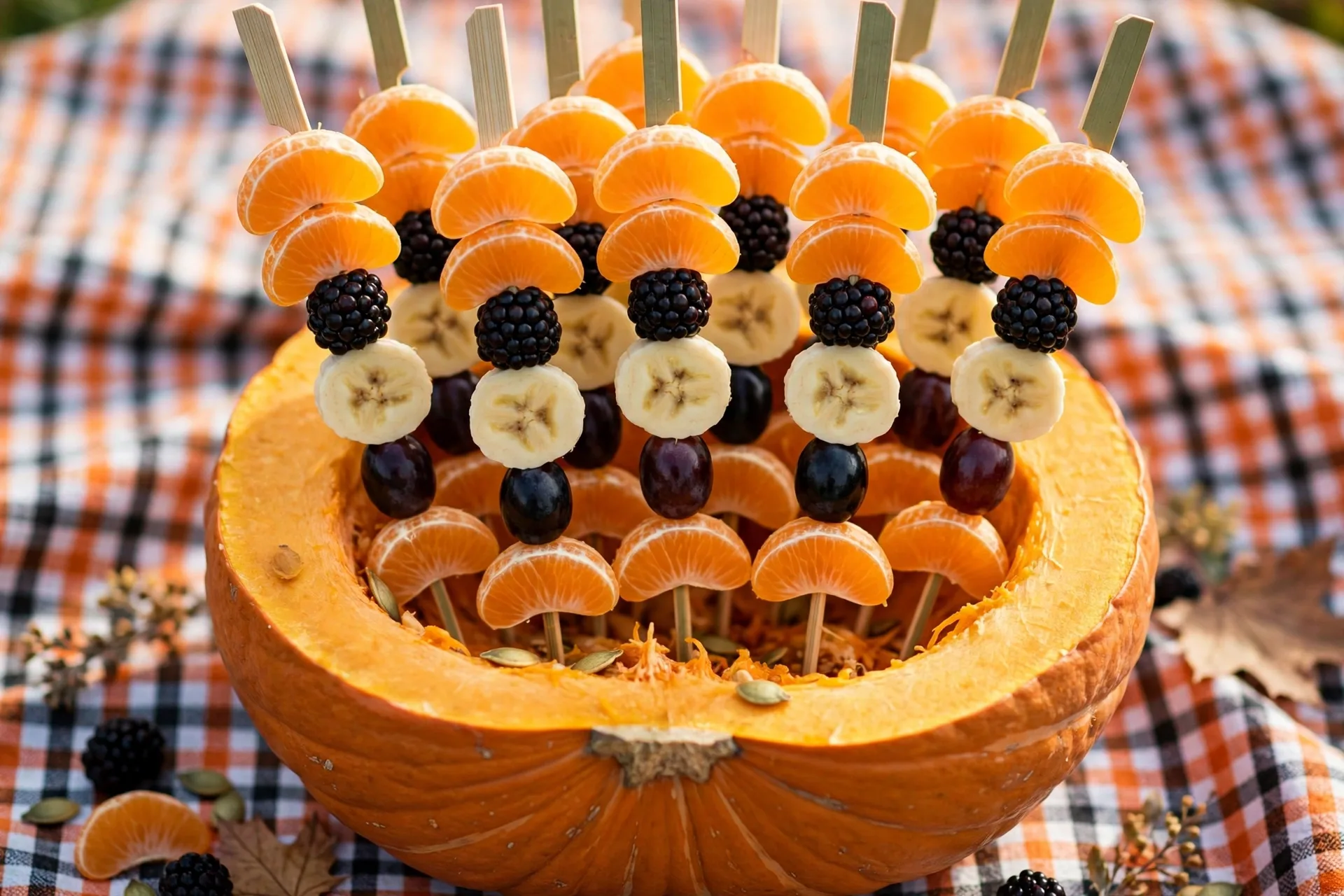Fruit pieces threaded on blunt skewers in orange, black, and white rows.