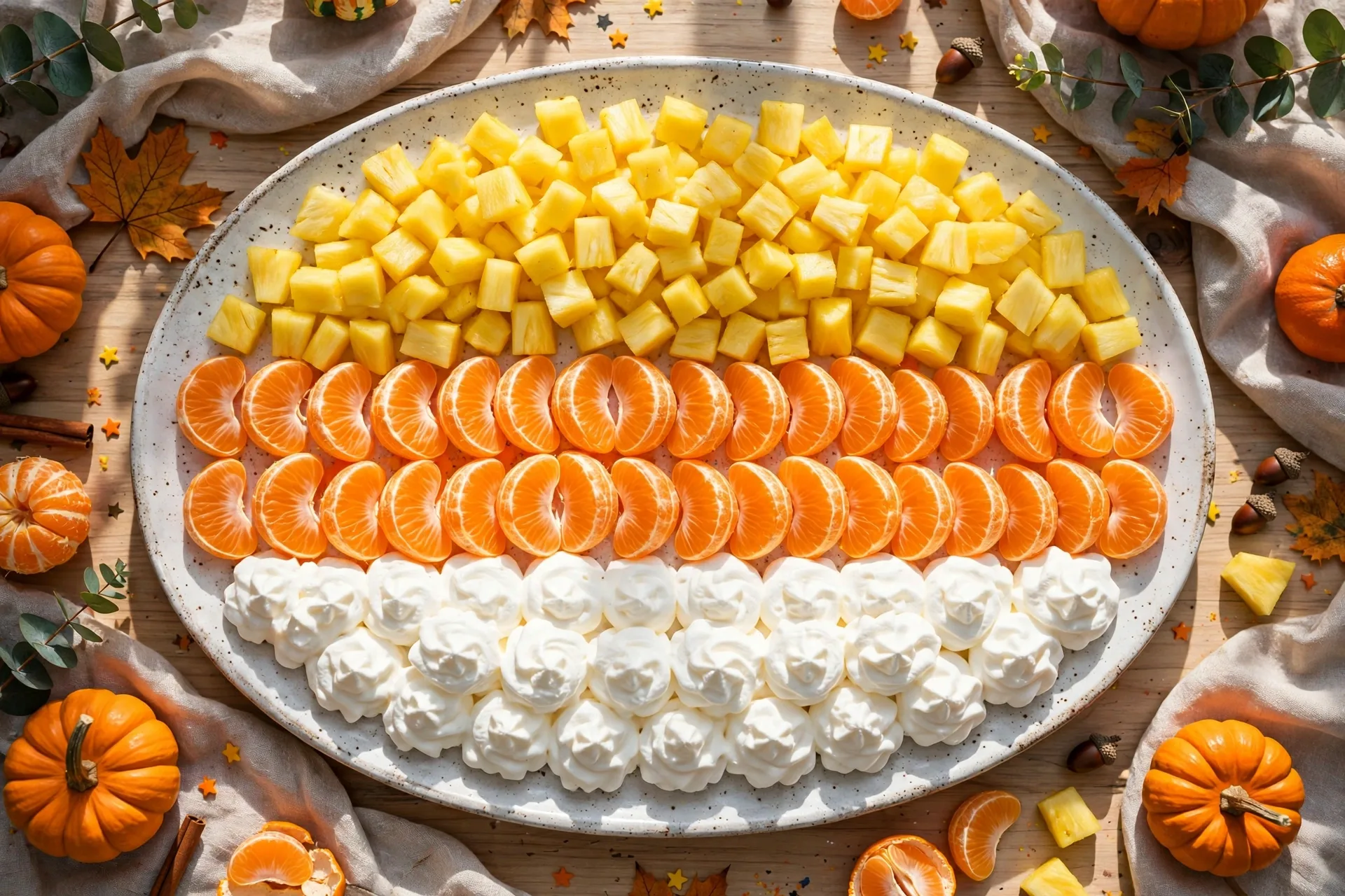 A big platter layered in candy corn stripes: pineapple, mandarin, and whipped topping.