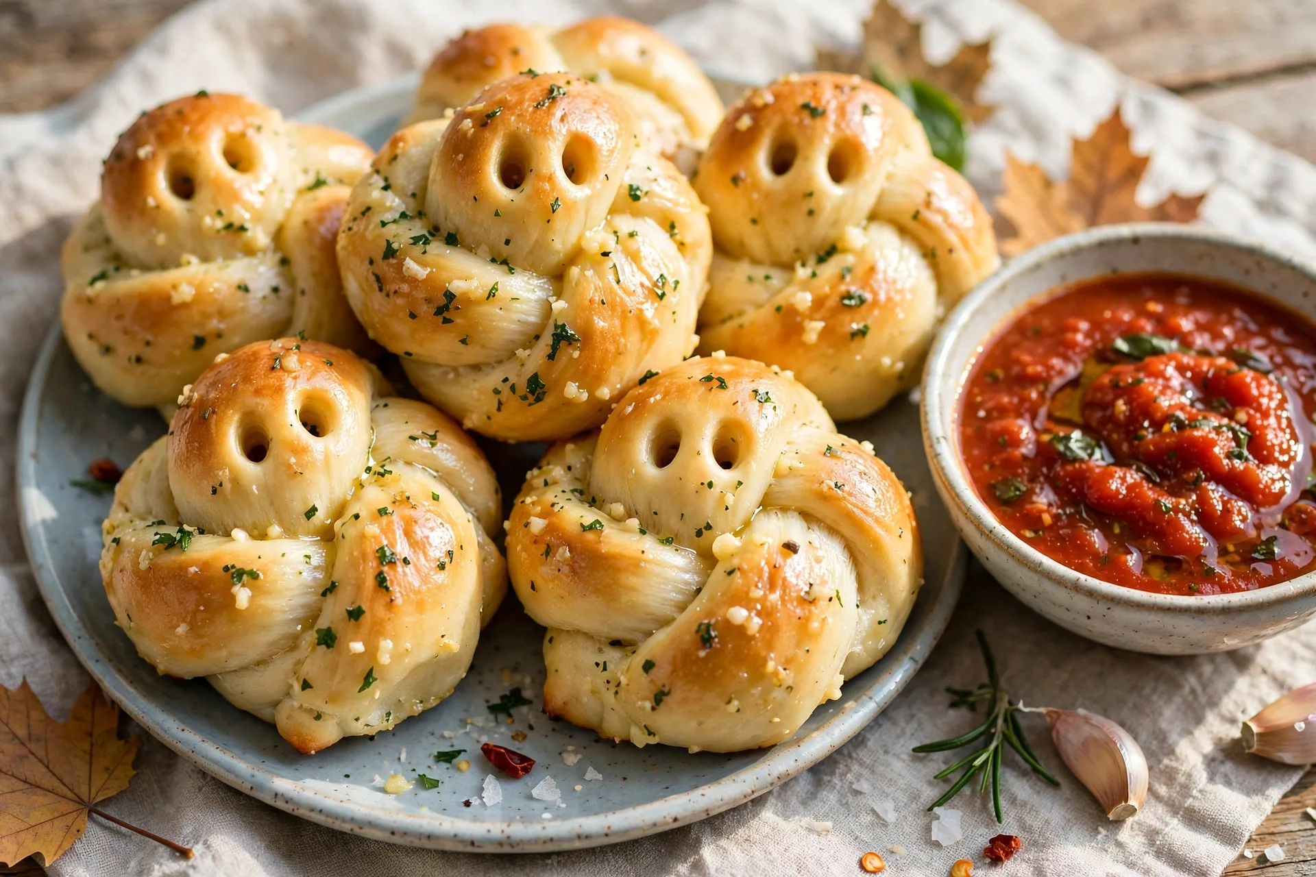 Soft garlic knots with a ghost face pressed into each one before baking.