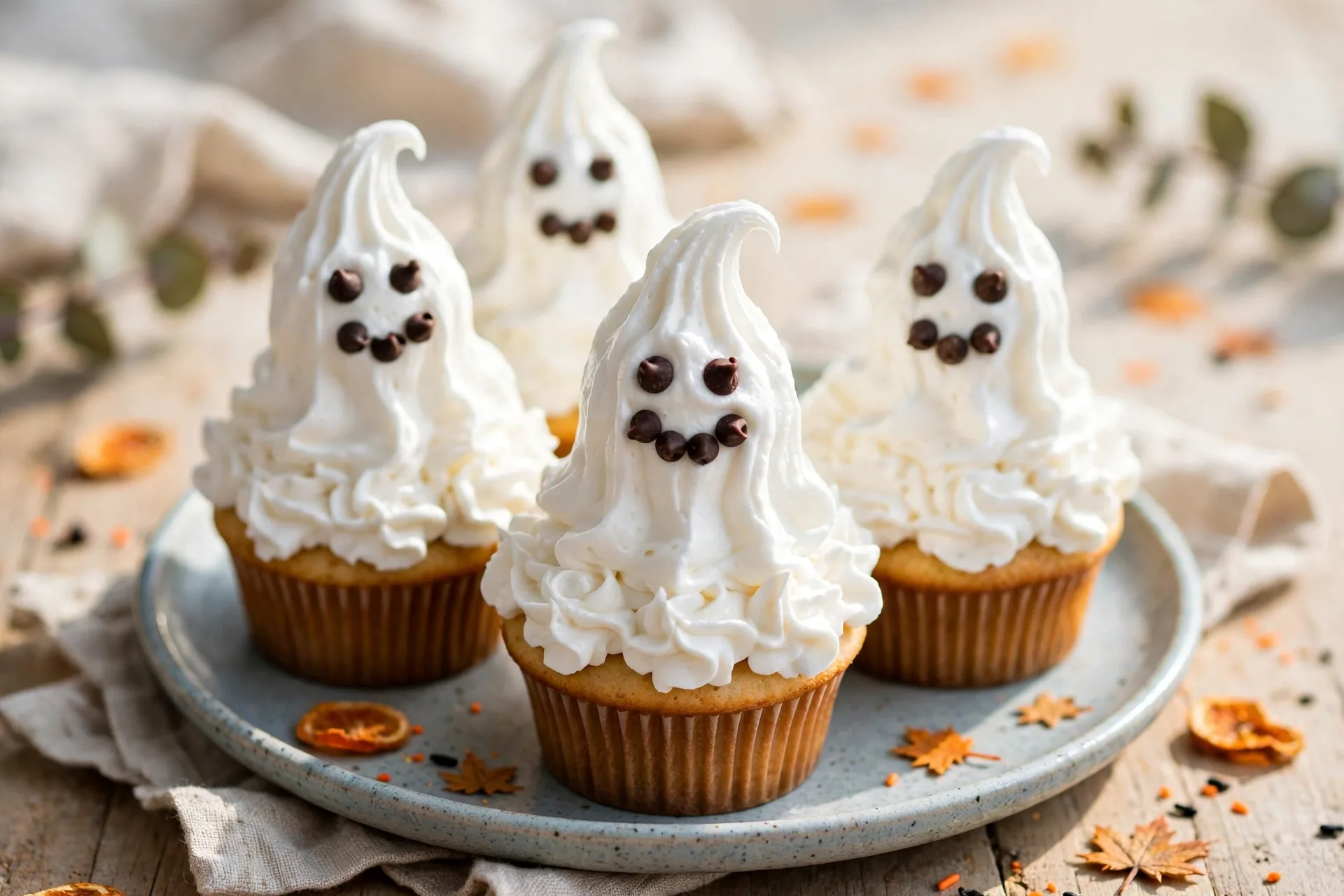 Cupcakes topped with white frosting ghosts, each with a chocolate chip face.